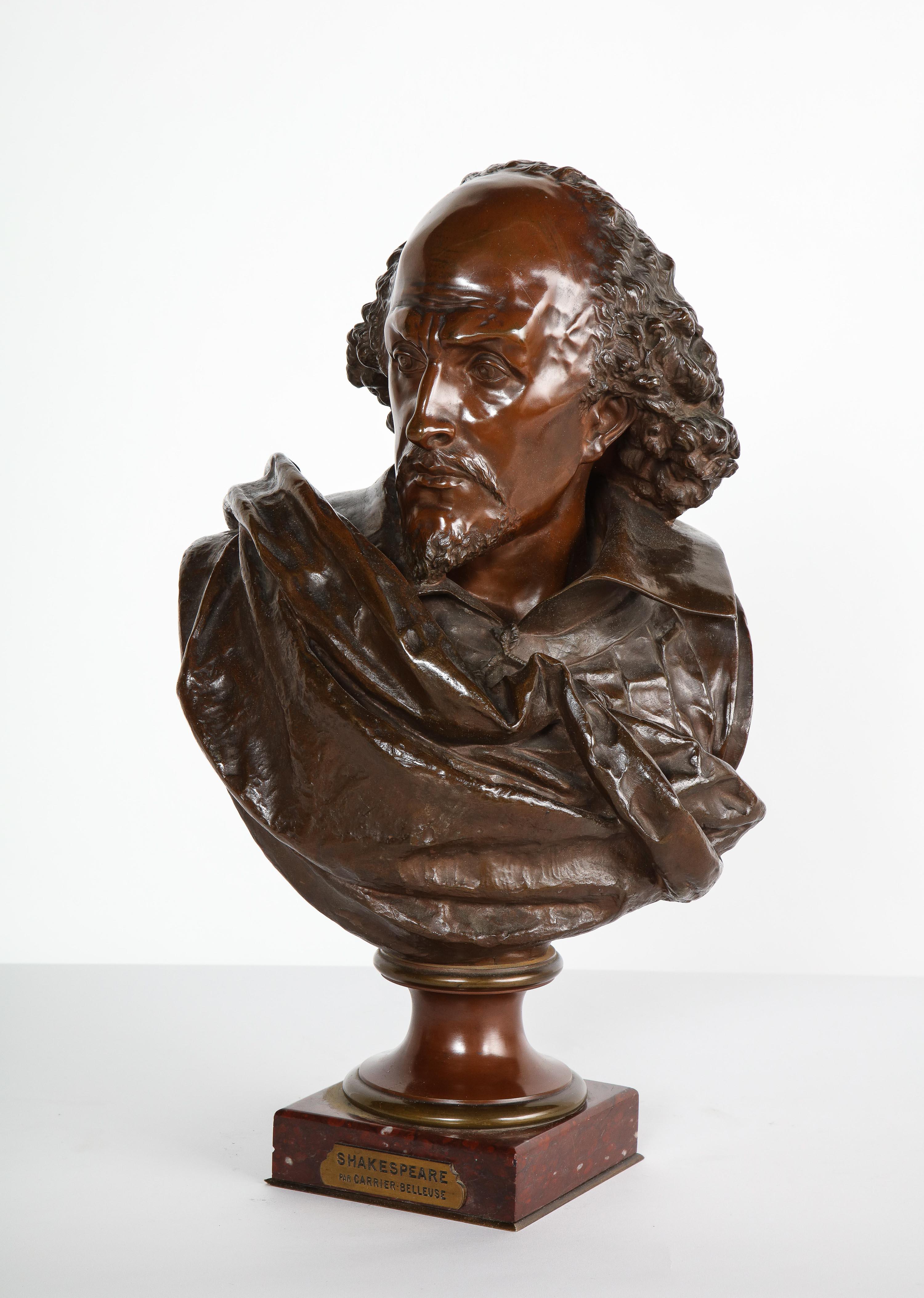 Rare French bronze bust of William Shakespeare by Carrier Belleuse and Pinedo, circa 1870.

Signed - A. Carrier-Belleuse Paris and inscribed PINEDO fondeur, on a red marble base.

Measures: 22