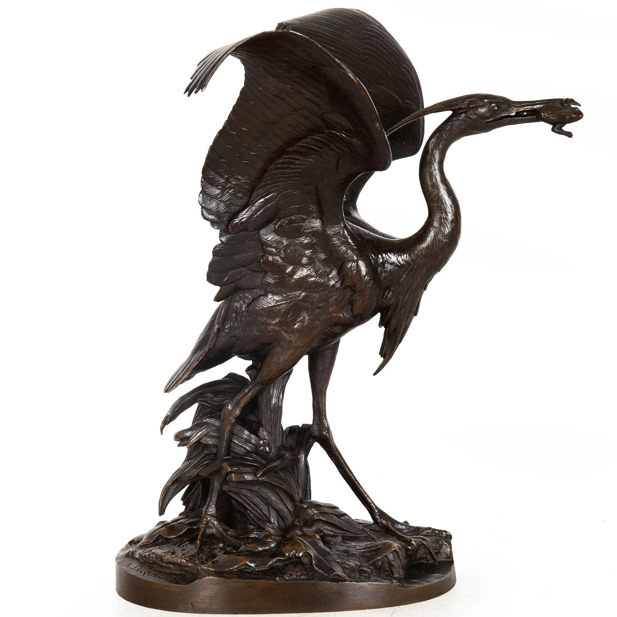 Romantico Rara scultura francese in bronzo con airone e rana di Henri Alfred Jacquemart in vendita