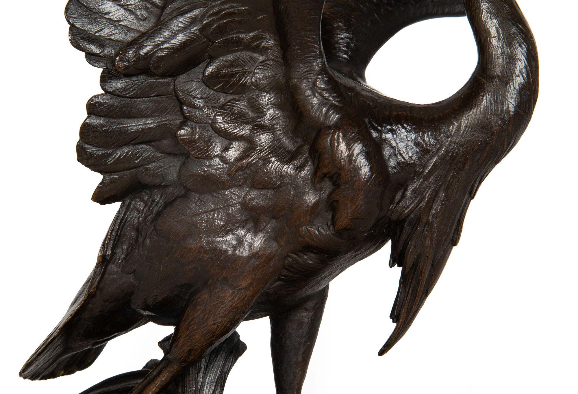 Rara scultura francese in bronzo con airone e rana di Henri Alfred Jacquemart in vendita 1