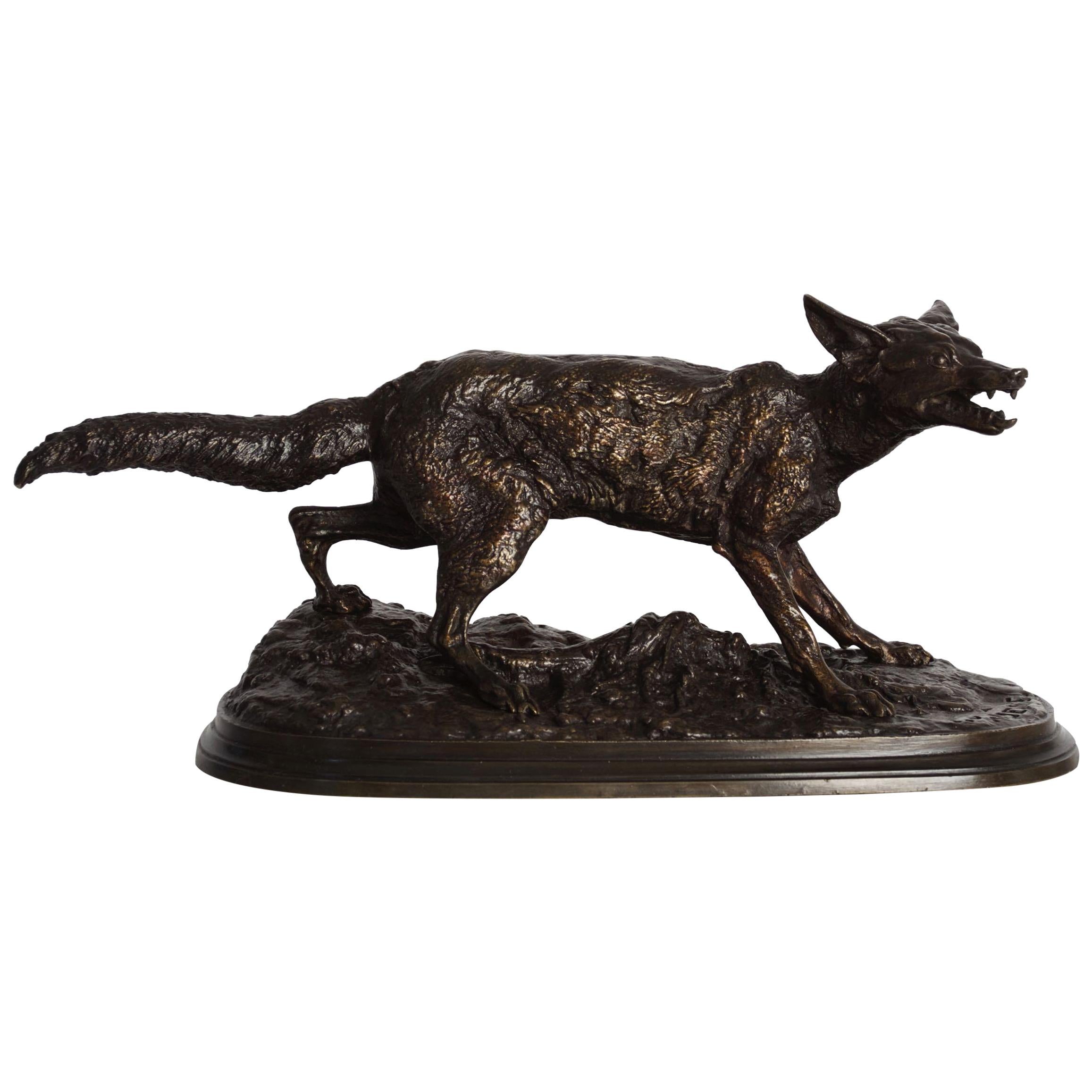Rare French Bronze Sculpture of "Panting Fox” by Pierre Jules Mene, circa 1870