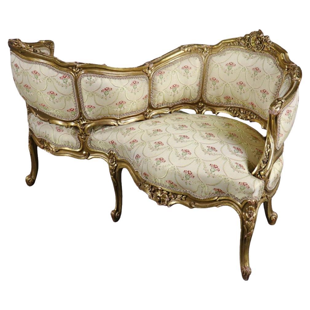 Rare French Carved Gilded Walnut Tete a Tete Gossip Settee Circa 1890s