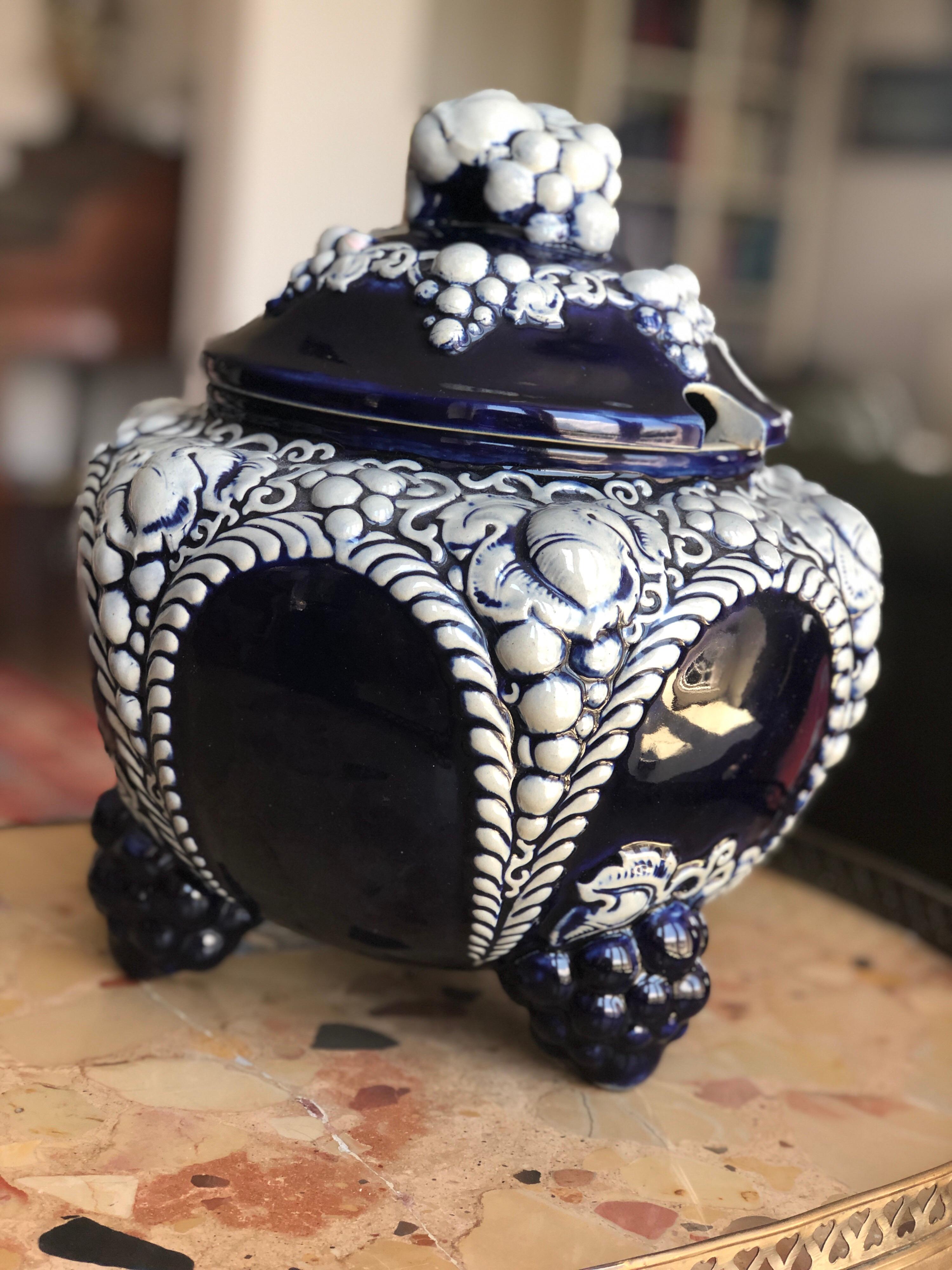 Hand-Painted Rare French Ceramic Soup Tureen in Dark Blue Decorated with Grapes and Leafs For Sale
