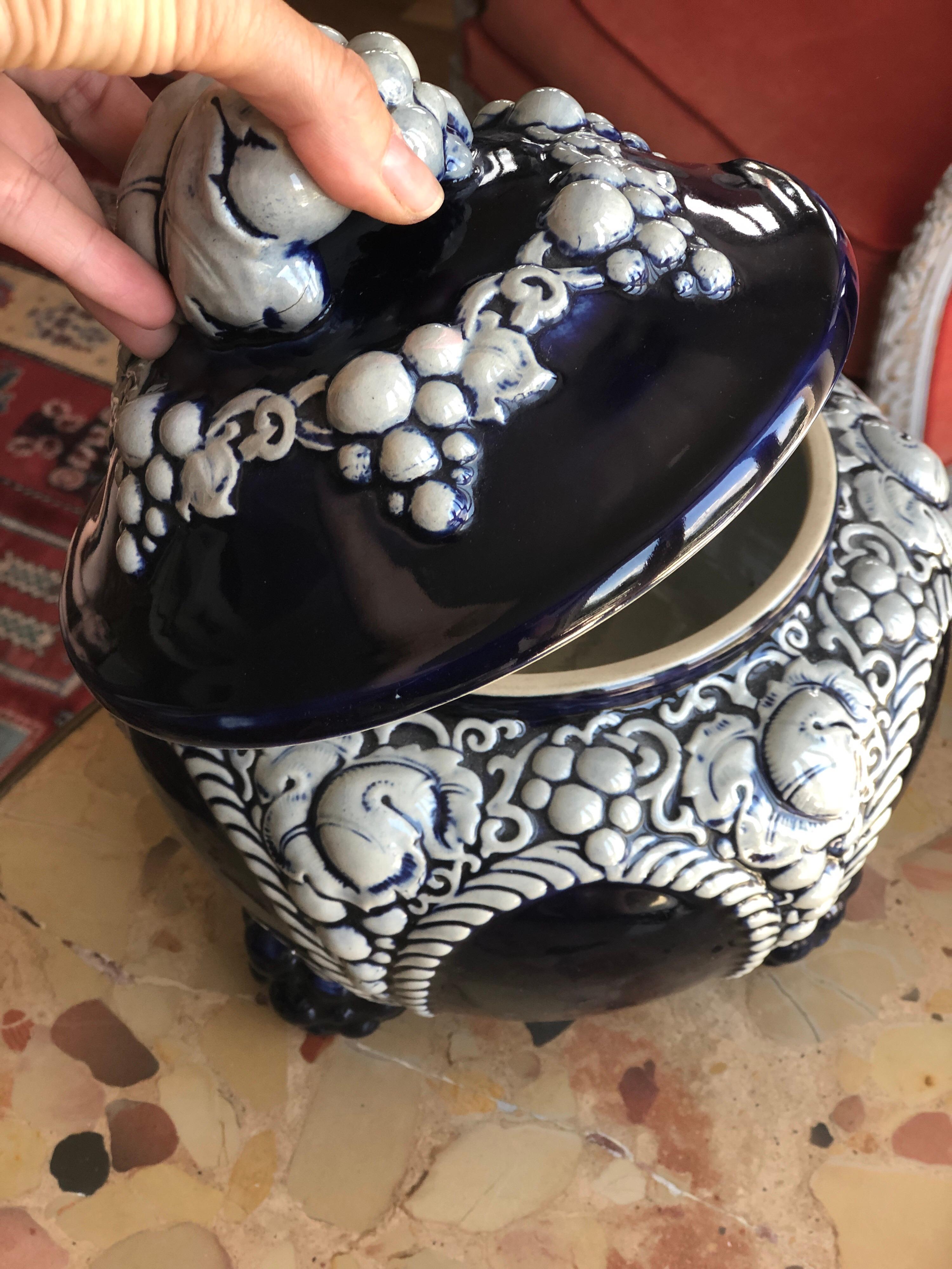 20th Century Rare French Ceramic Soup Tureen in Dark Blue Decorated with Grapes and Leafs For Sale