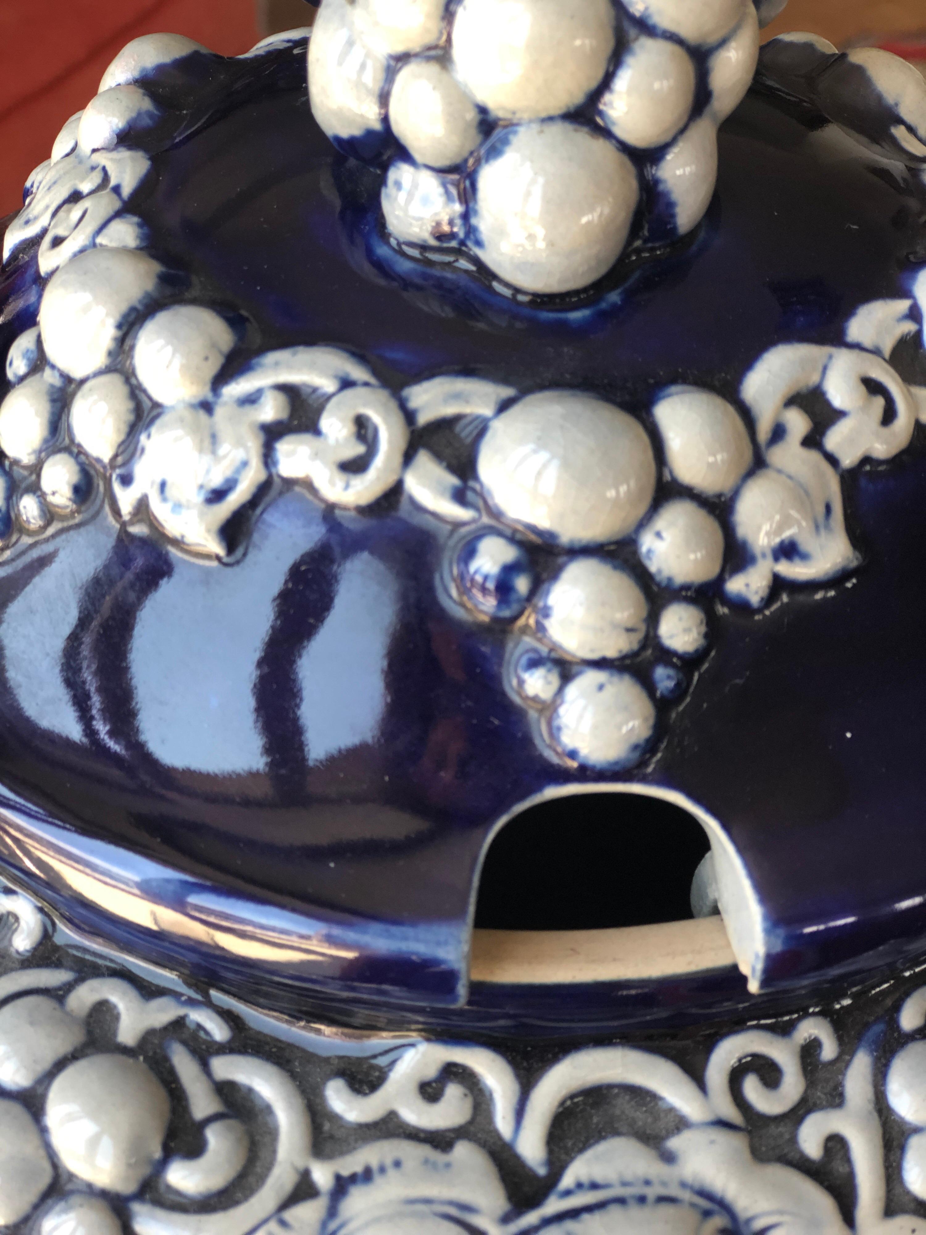 Rare French Ceramic Soup Tureen in Dark Blue Decorated with Grapes and Leafs For Sale 2