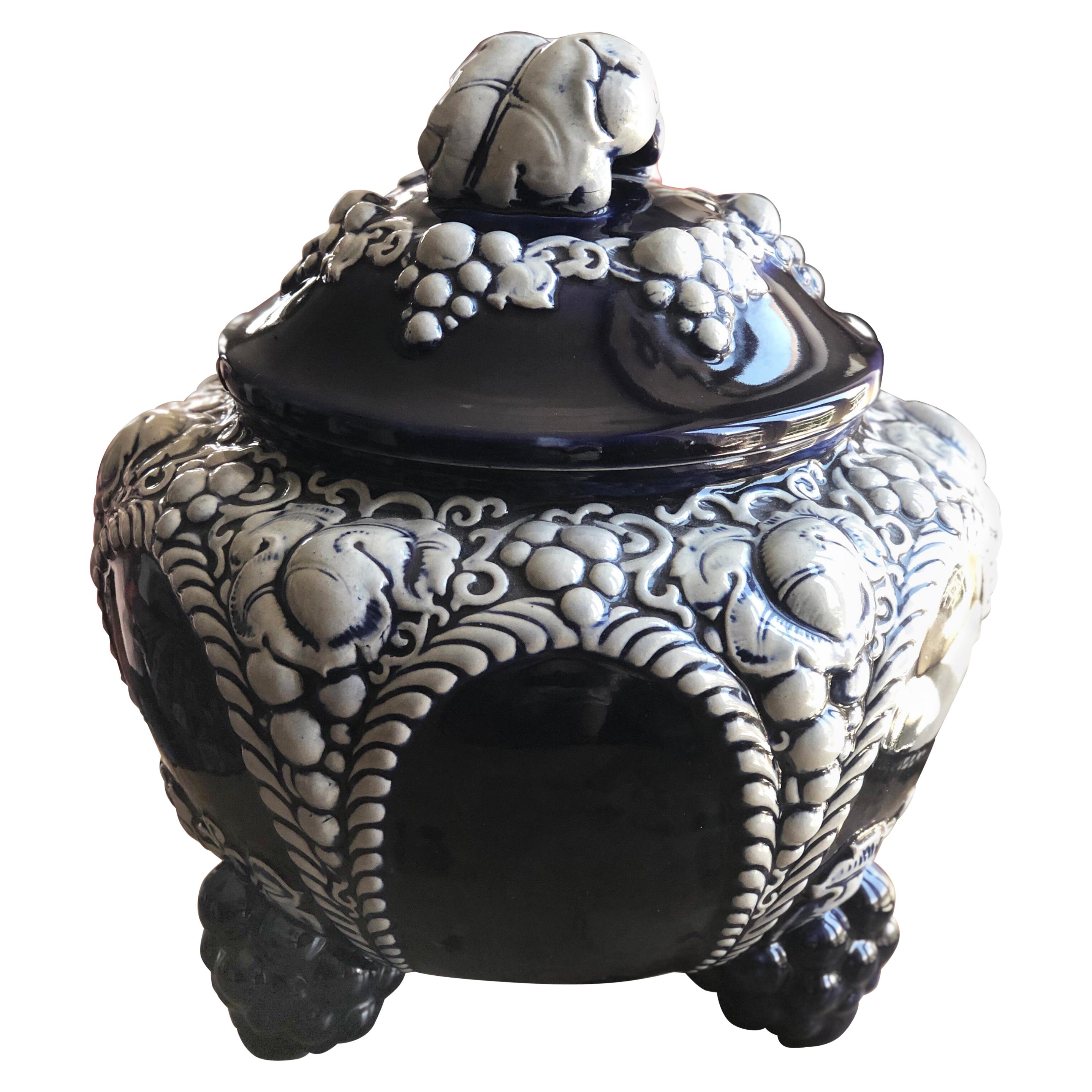 Rare French Ceramic Soup Tureen in Dark Blue Decorated with Grapes and Leafs For Sale