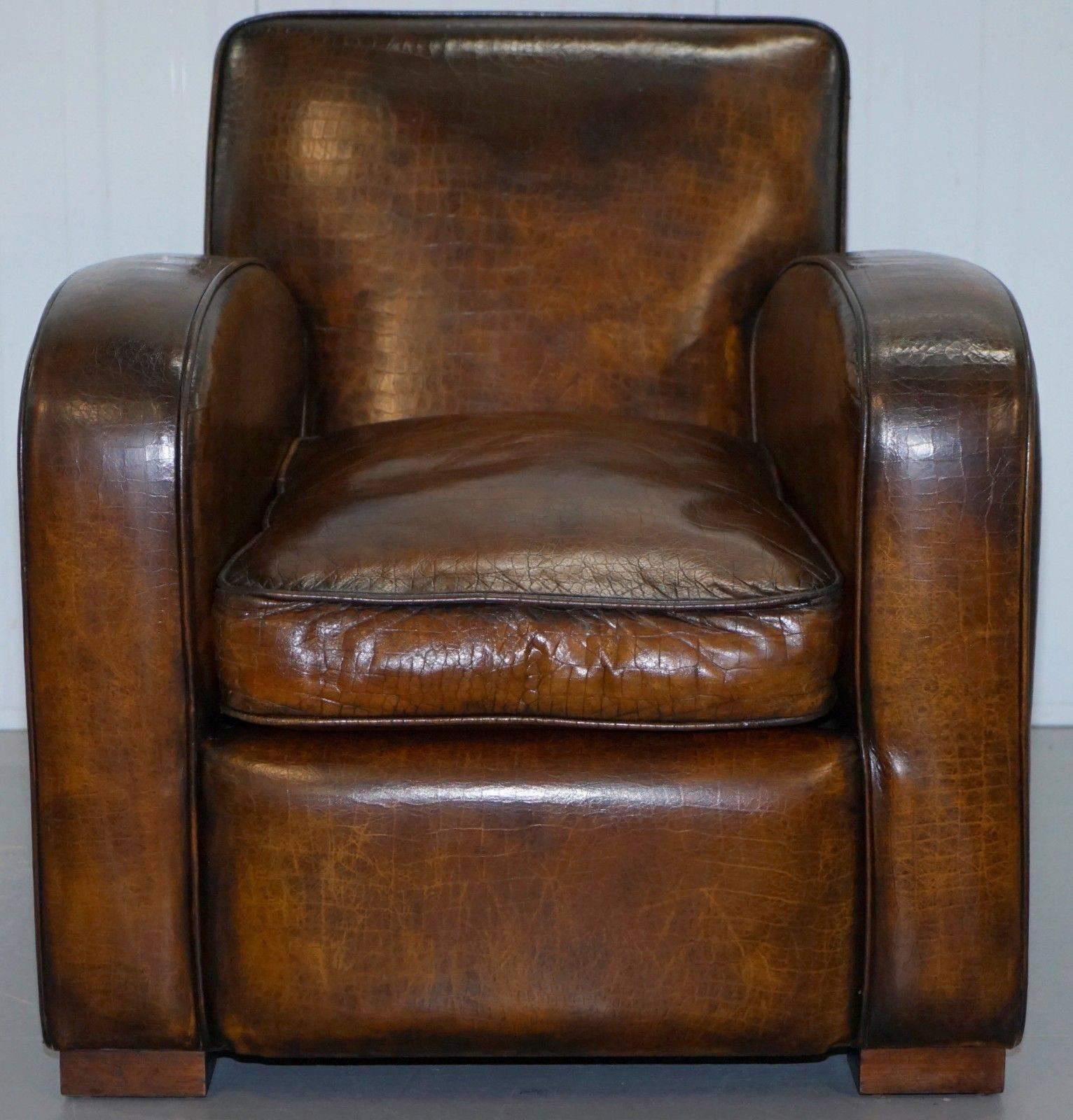 We are delighted to offer for sale this stunning fully restored vintage French club armchair with crocodile / alligator patina leather upholstery

A very rare and distinctive club armchair, I have only ever seen one other vintage piece like this