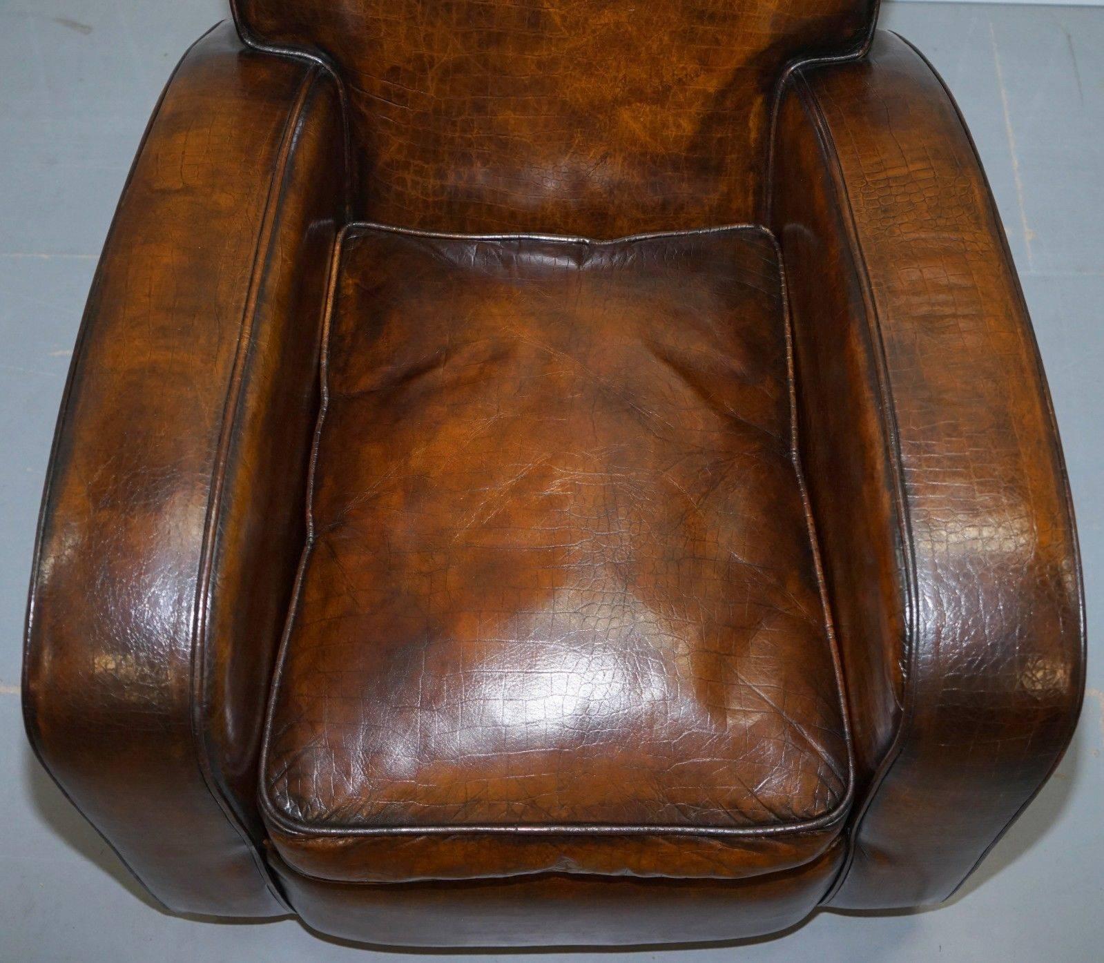 Edwardian Rare French Club Armchair Crocodile Alligator Patina Brown Leather Upholstery