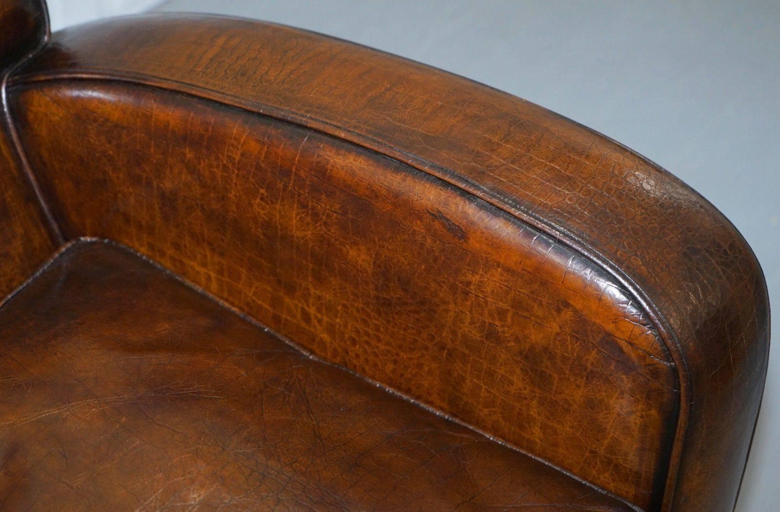 British Rare French Club Armchair Crocodile Alligator Patina Brown Leather Upholstery
