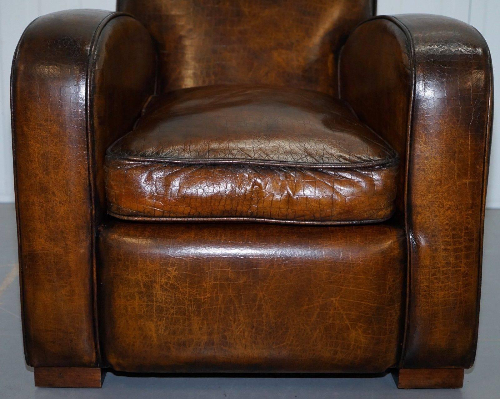 Hand-Crafted Rare French Club Armchair Crocodile Alligator Patina Brown Leather Upholstery