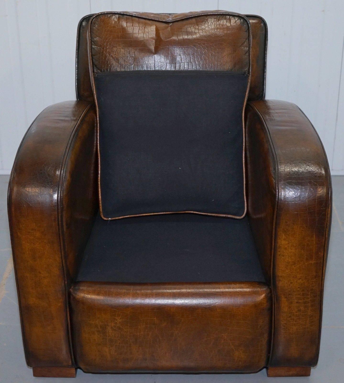 20th Century Rare French Club Armchair Crocodile Alligator Patina Brown Leather Upholstery