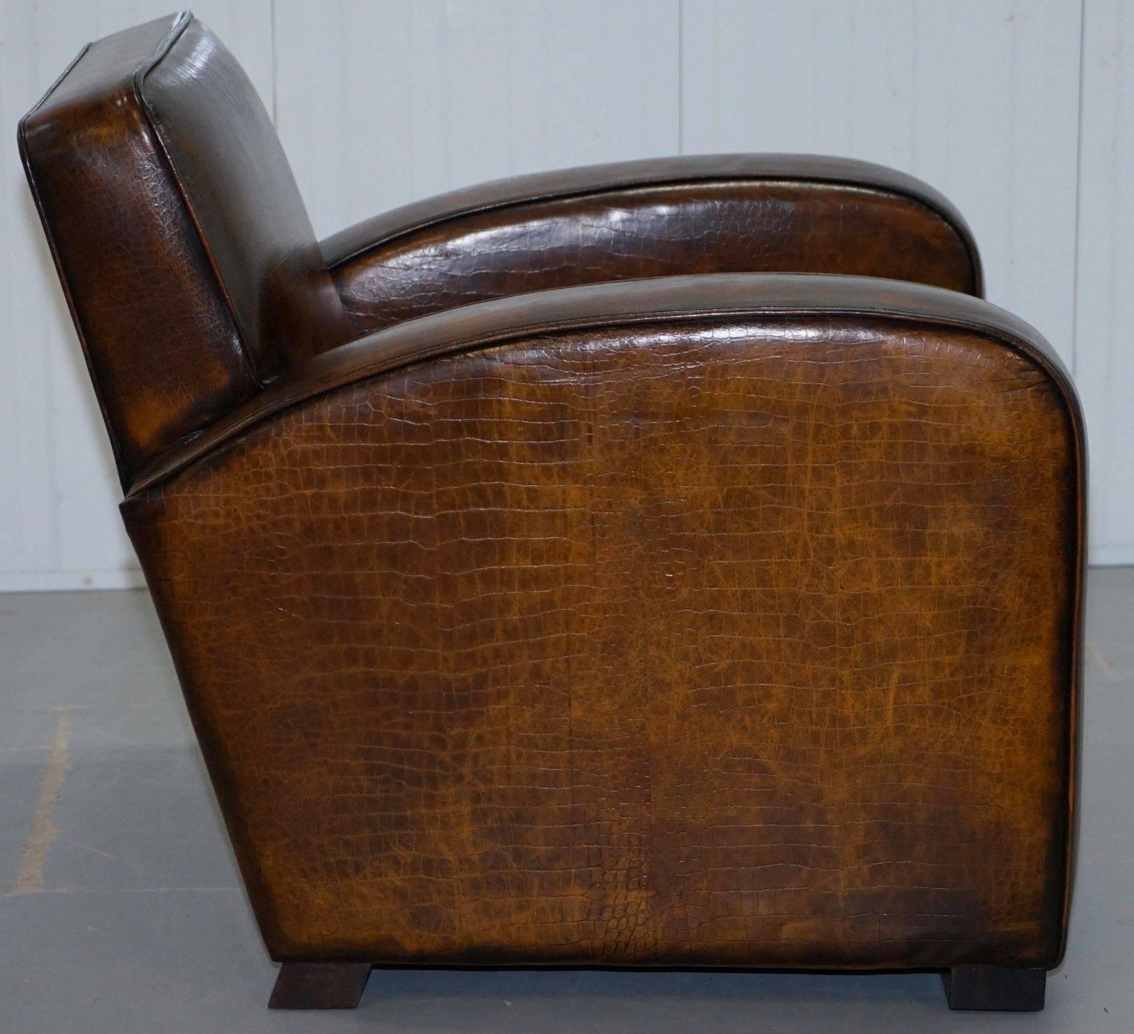 Rare French Club Armchair Crocodile Alligator Patina Brown Leather Upholstery 1