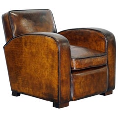 Rare French Club Armchair Crocodile Alligator Patina Brown Leather Upholstery