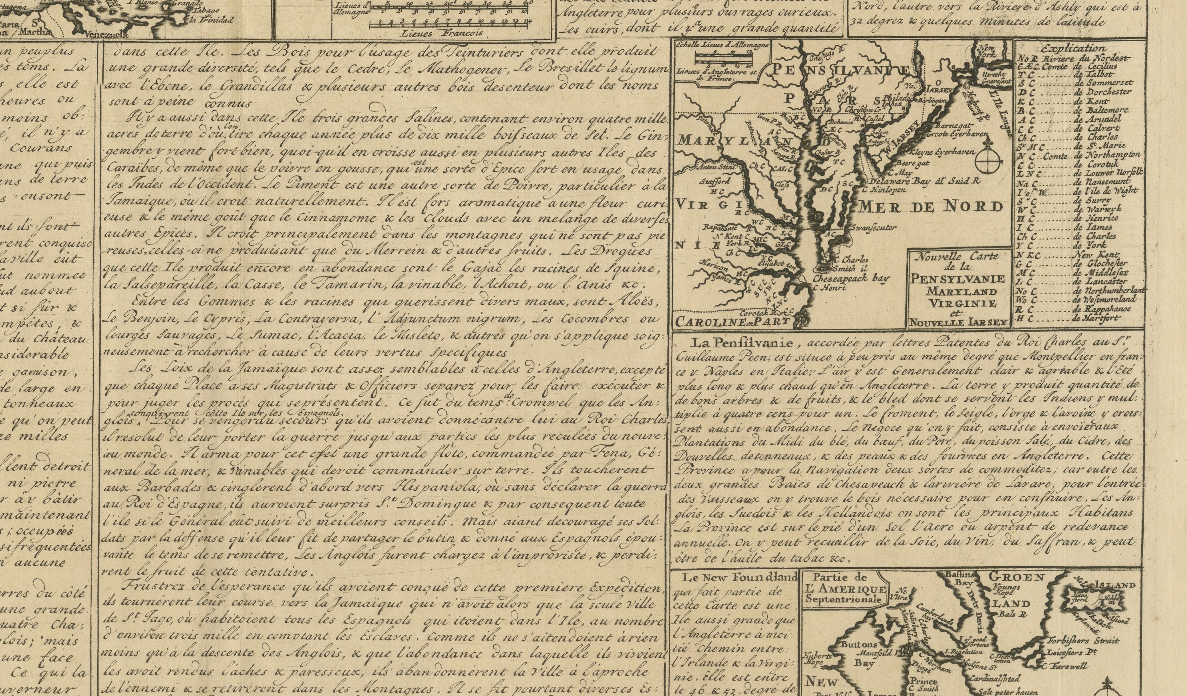 Rare French Colonial America Map, Jamaica Barbados Carolina, c.1719