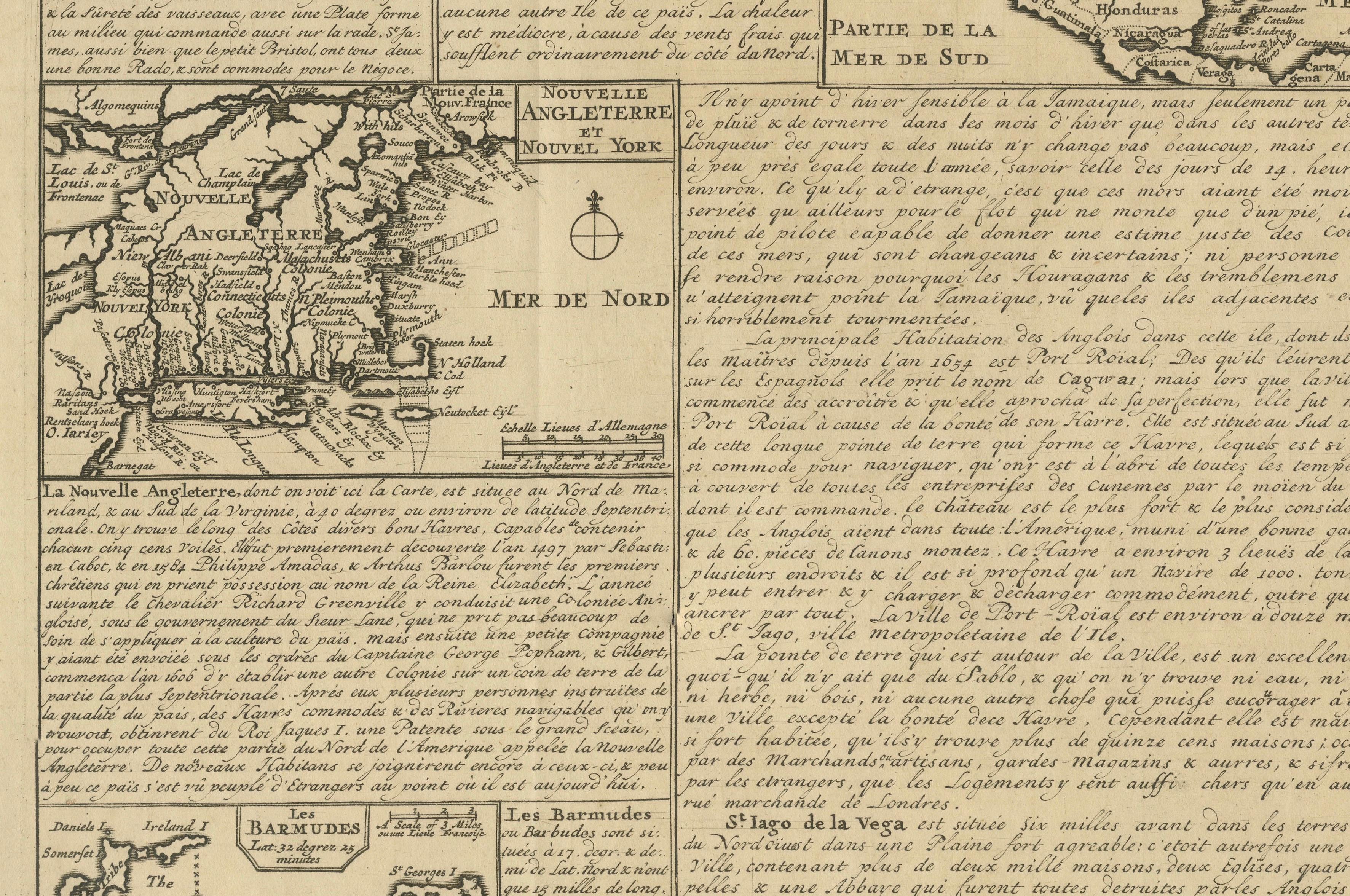 Rare French Colonial America Map, Jamaica Barbados Carolina, c.1719