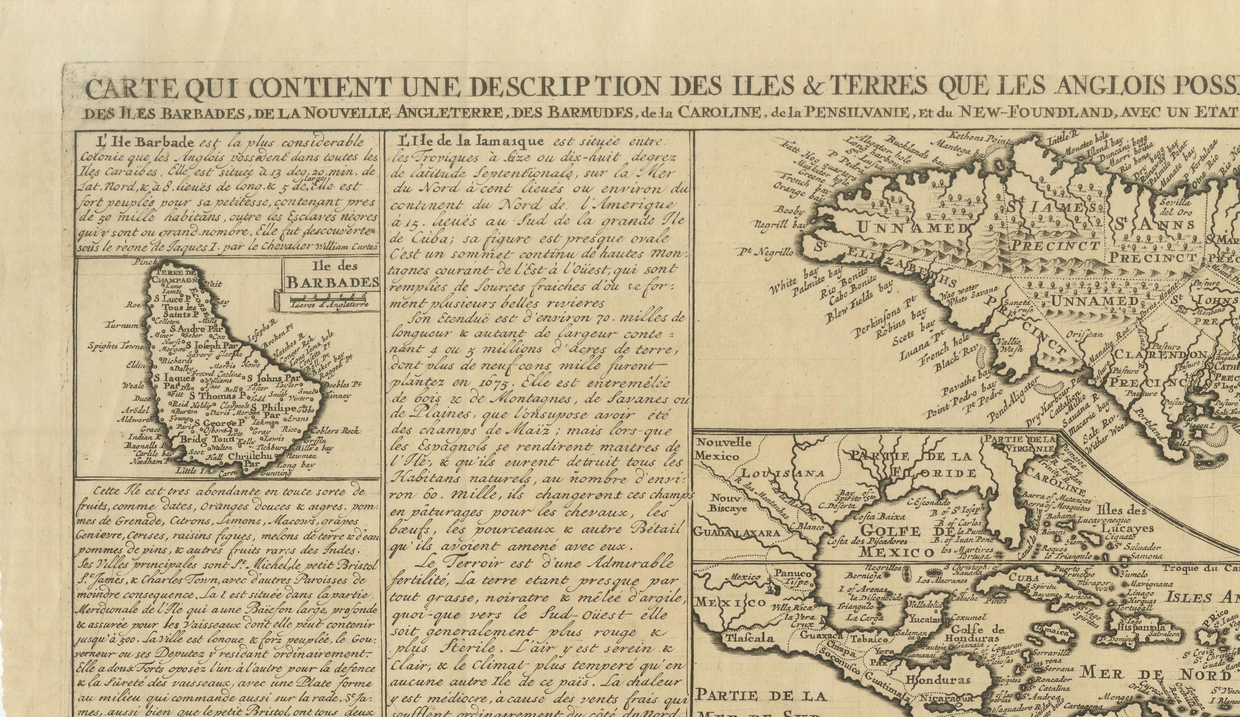 Rare French Colonial America Map, Jamaica Barbados Carolina, c.1719