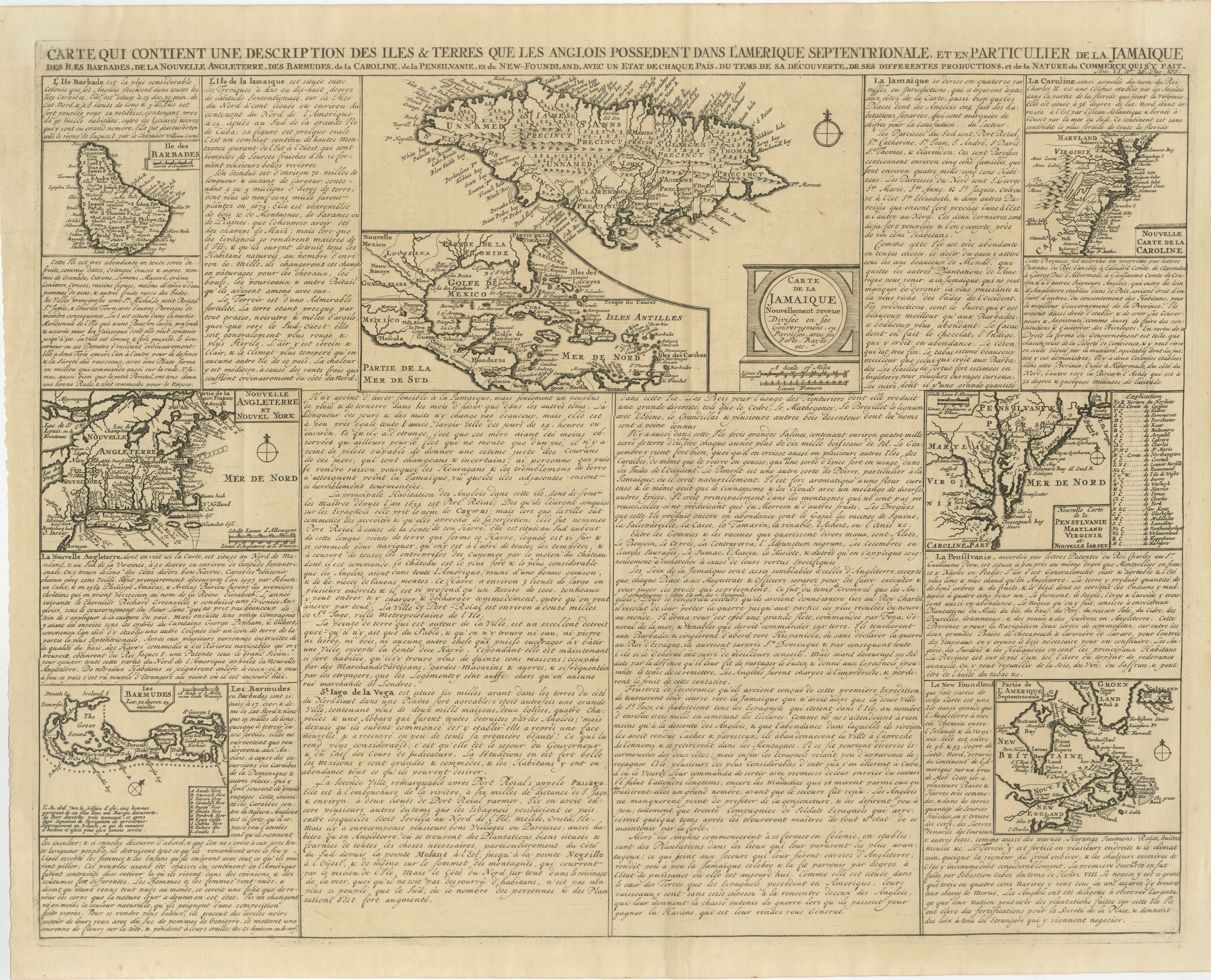 Rare French Colonial America Map, Jamaica Barbados Carolina, c.1719