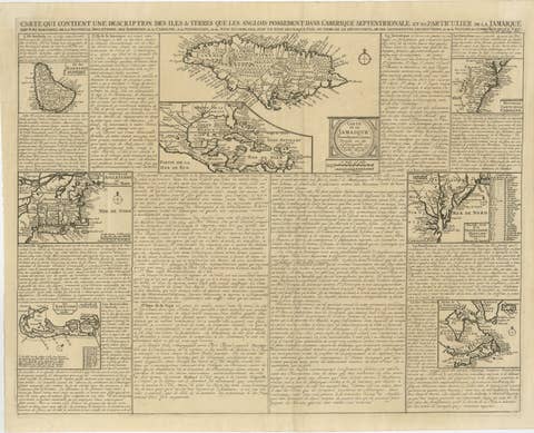 Rare French Colonial America Map, Jamaica Barbados Carolina, c.1719