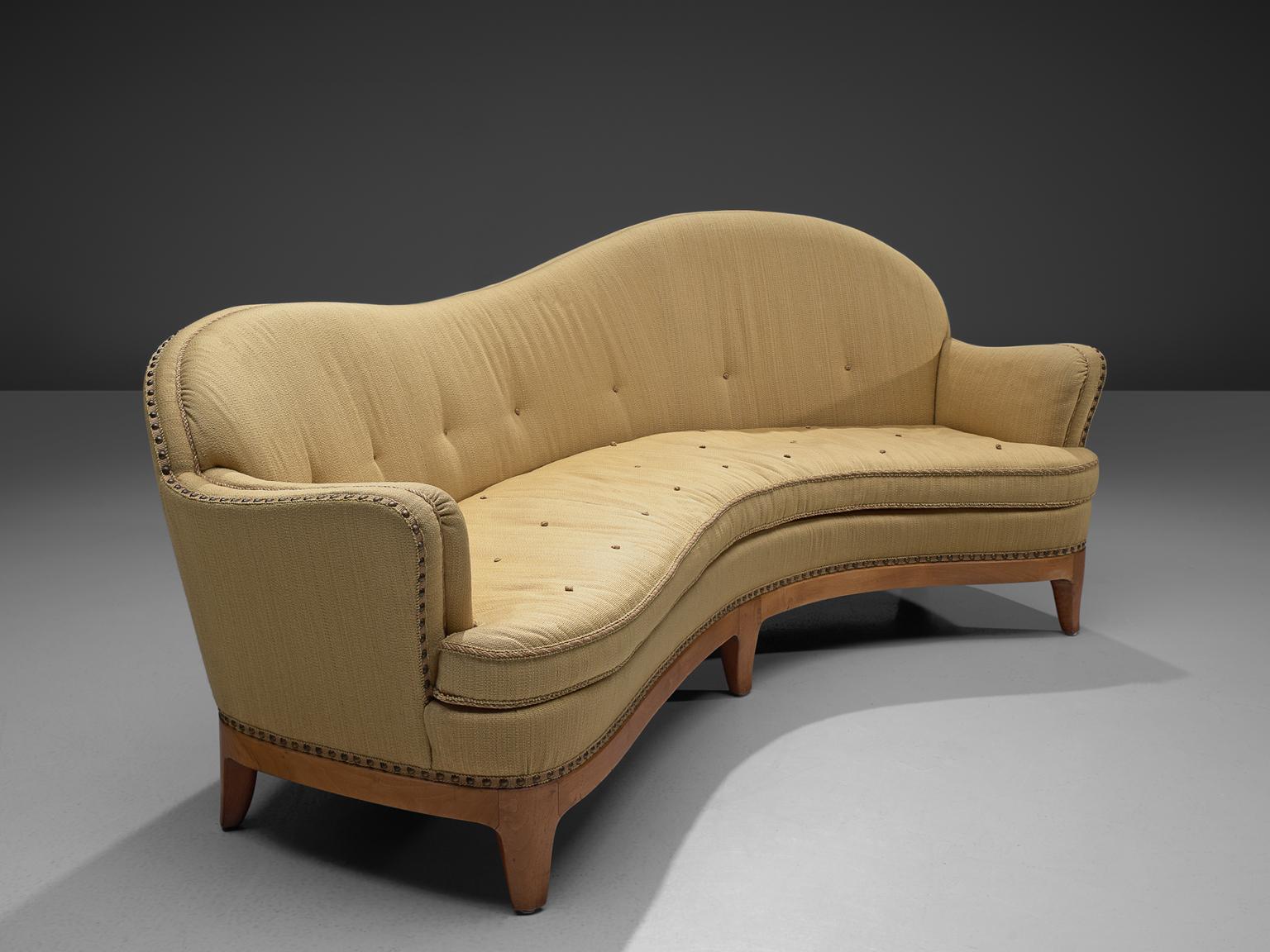 Curved sofa with stained beech frame and beige fabric, France, 1930s.

Extra-ordinary sofa from a French interior with an interesting interior. This sofa was probably custom-made for the family in the 1930s and features outstanding craftsmanship
