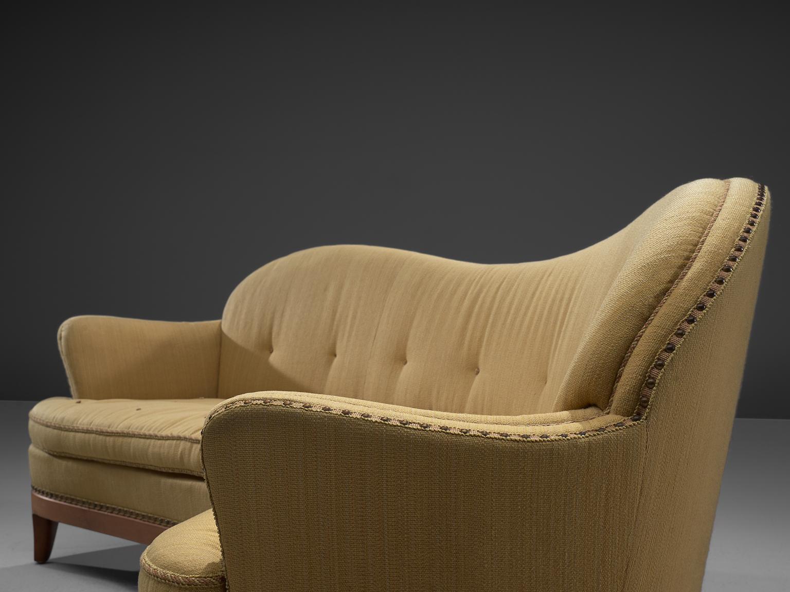 Fabric Rare French Curved Sofa with Asymetrical Backrest, 1930s