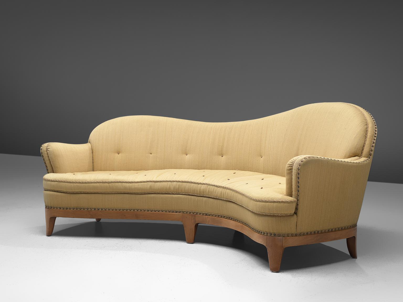 Art Deco Rare French Curved Sofa with Asymmetrical Backrest, 1930s