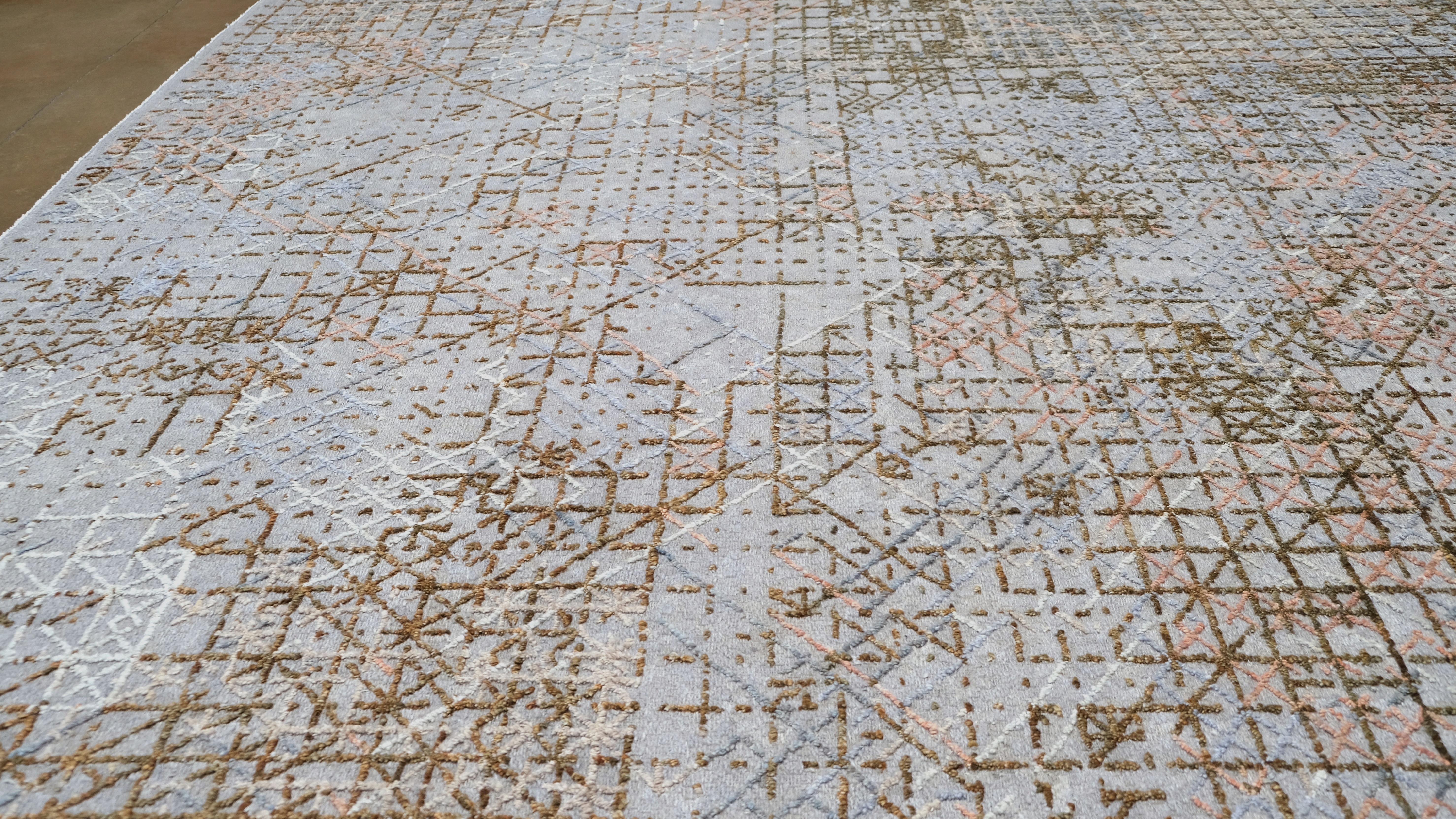 Pakistani Rare French Deco Inspired Abstract Geometric Wool Rug 9'2''x12'1'' For Sale