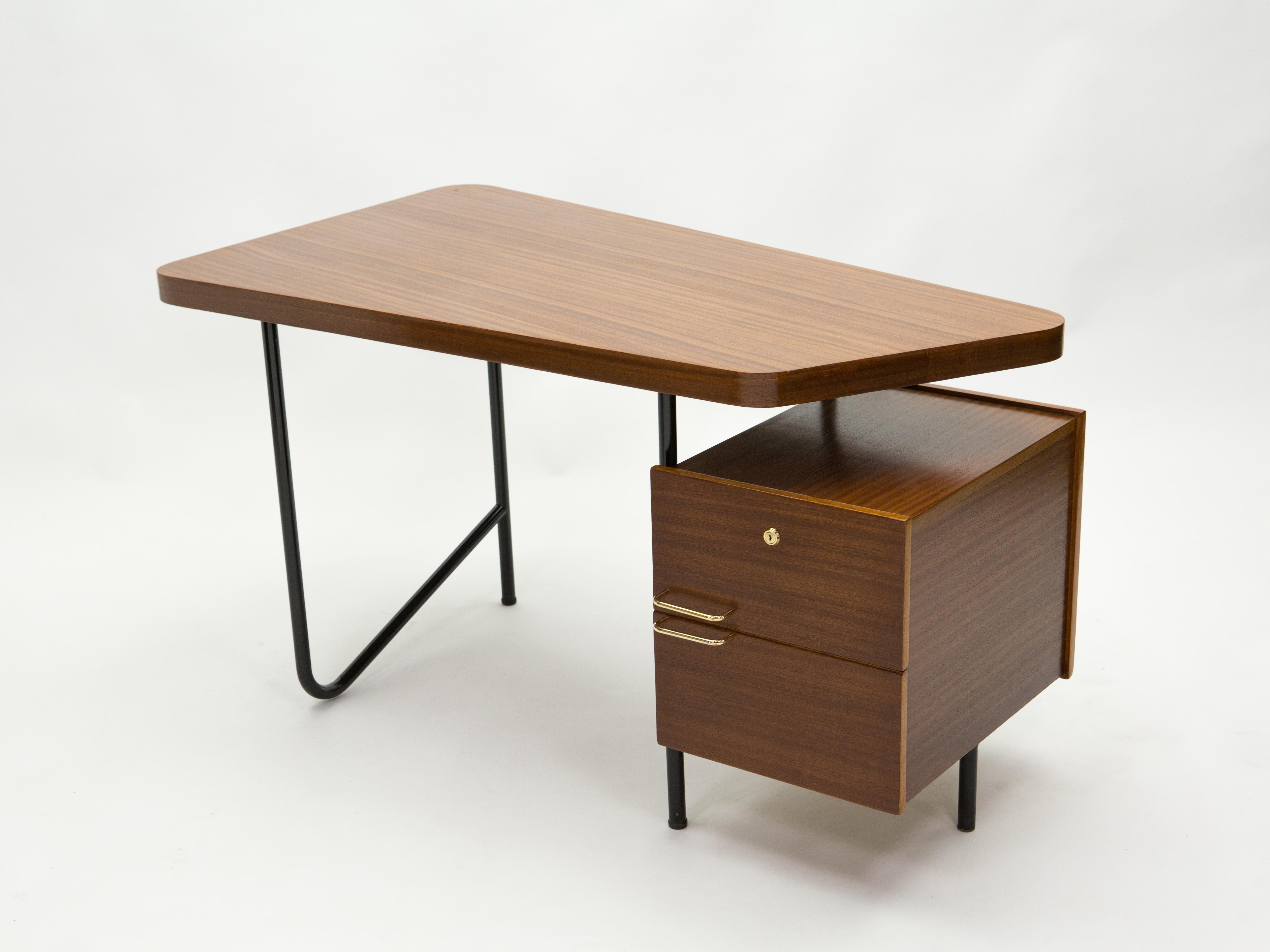 Rare French Desk Georges Frydman Mahogany Black Metal Brass, 1950s In Good Condition For Sale In Paris, IDF