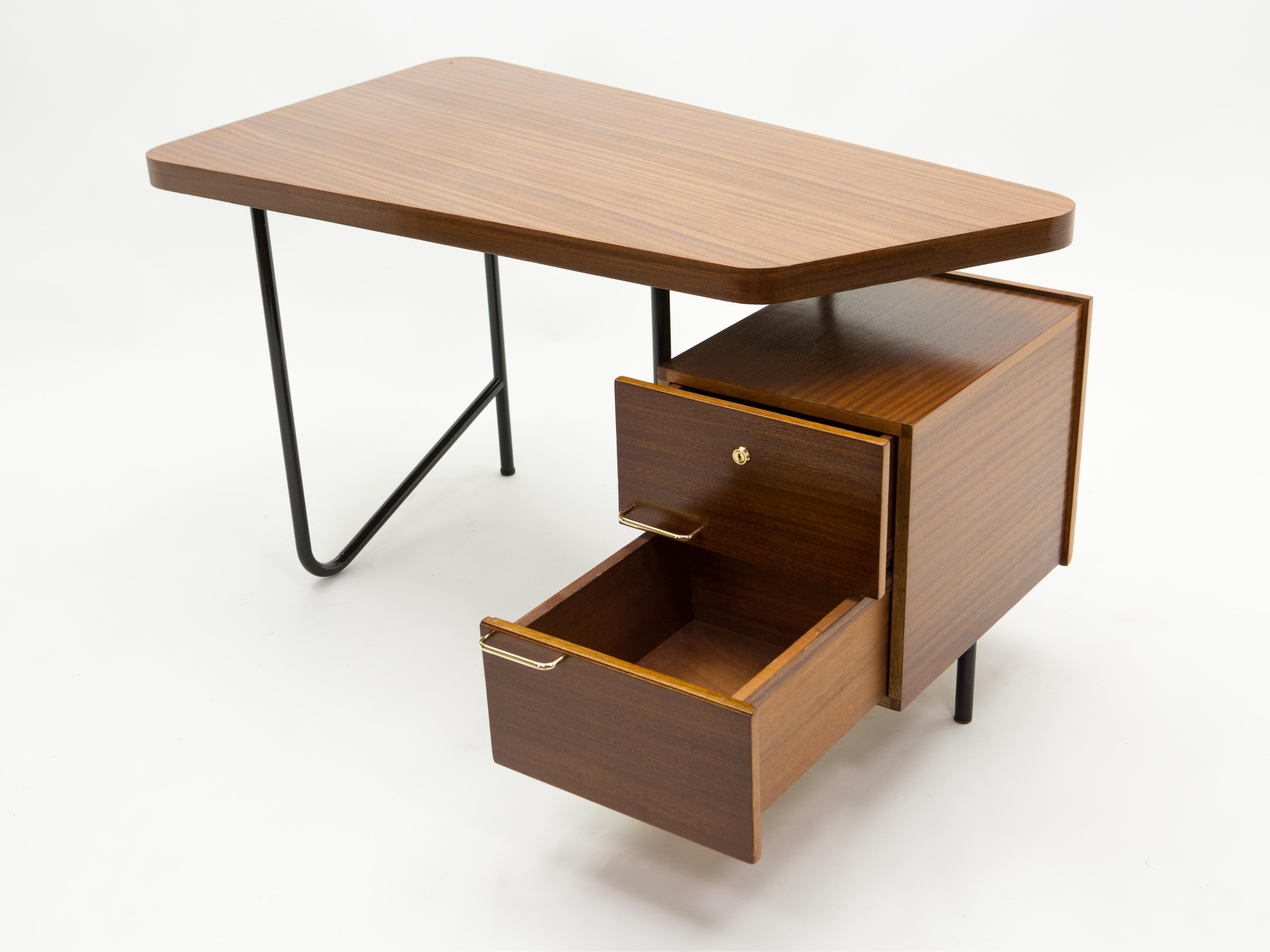 Mid-20th Century Rare French Desk Georges Frydman Mahogany Black Metal Brass, 1950s For Sale