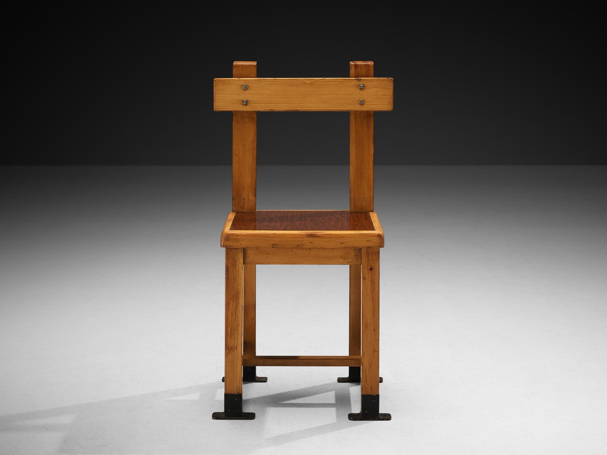 Rare French Dining Chair in Pine with Metal Feet For Sale 1