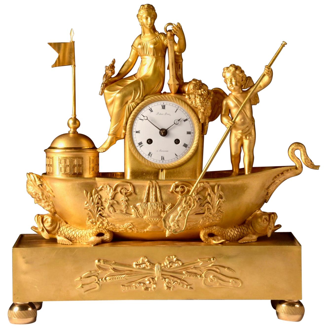 Rare French Empire Clock, "boat Of Venus And Love", circa 1810