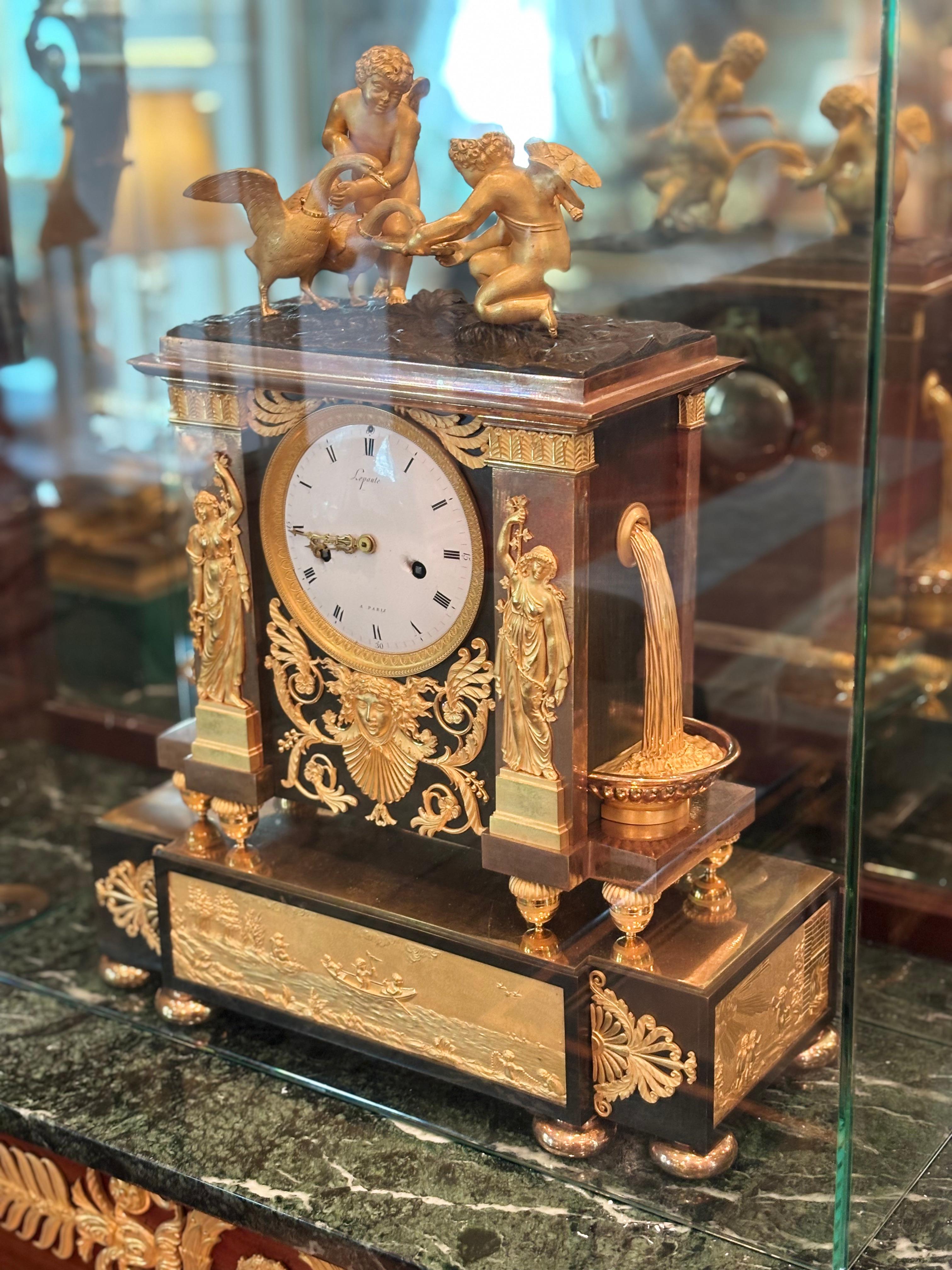 Rare French Empire Clock in Gilt and Patinated Bronze Signed Lepaute in vendita 10