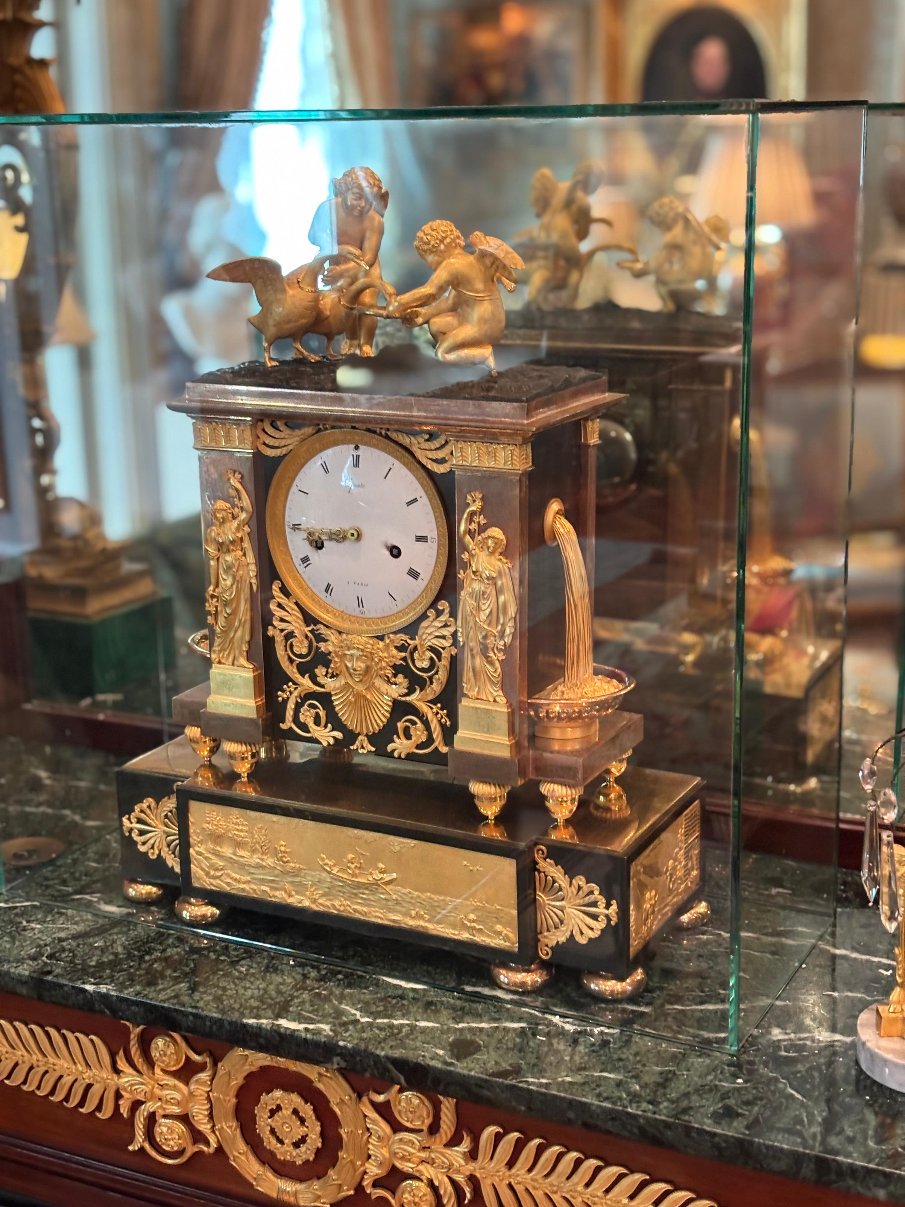 Rare French Empire Clock in Gilt and Patinated Bronze Signed Lepaute in vendita 11