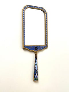 Rare French Empire Gilt Bronze Champlevé Enamel Hand Mirror c.1810