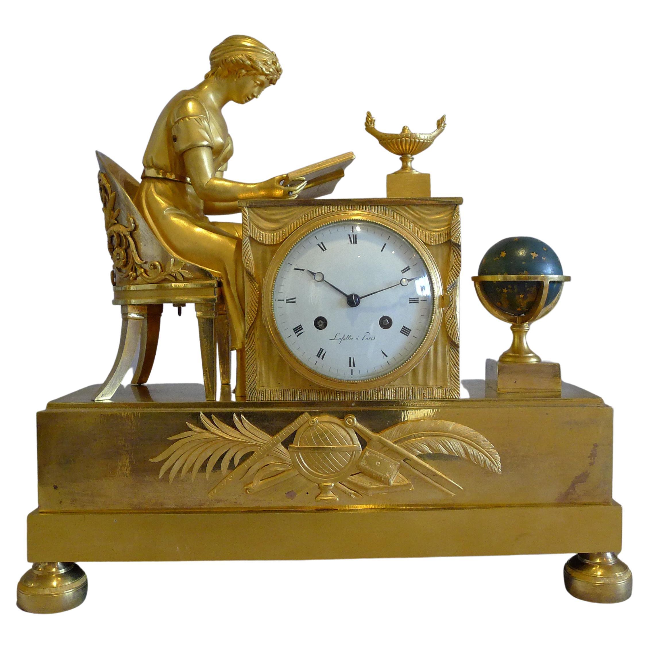 Rare French Empire Ormolu Clock of Astronomy Lesson Signed Lafollie a Paris