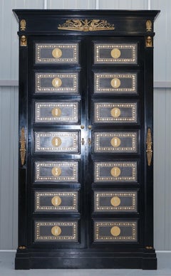Rare French Empire Revival Style Ebonized Wardrobe Armiore Cupboard or Bookcase