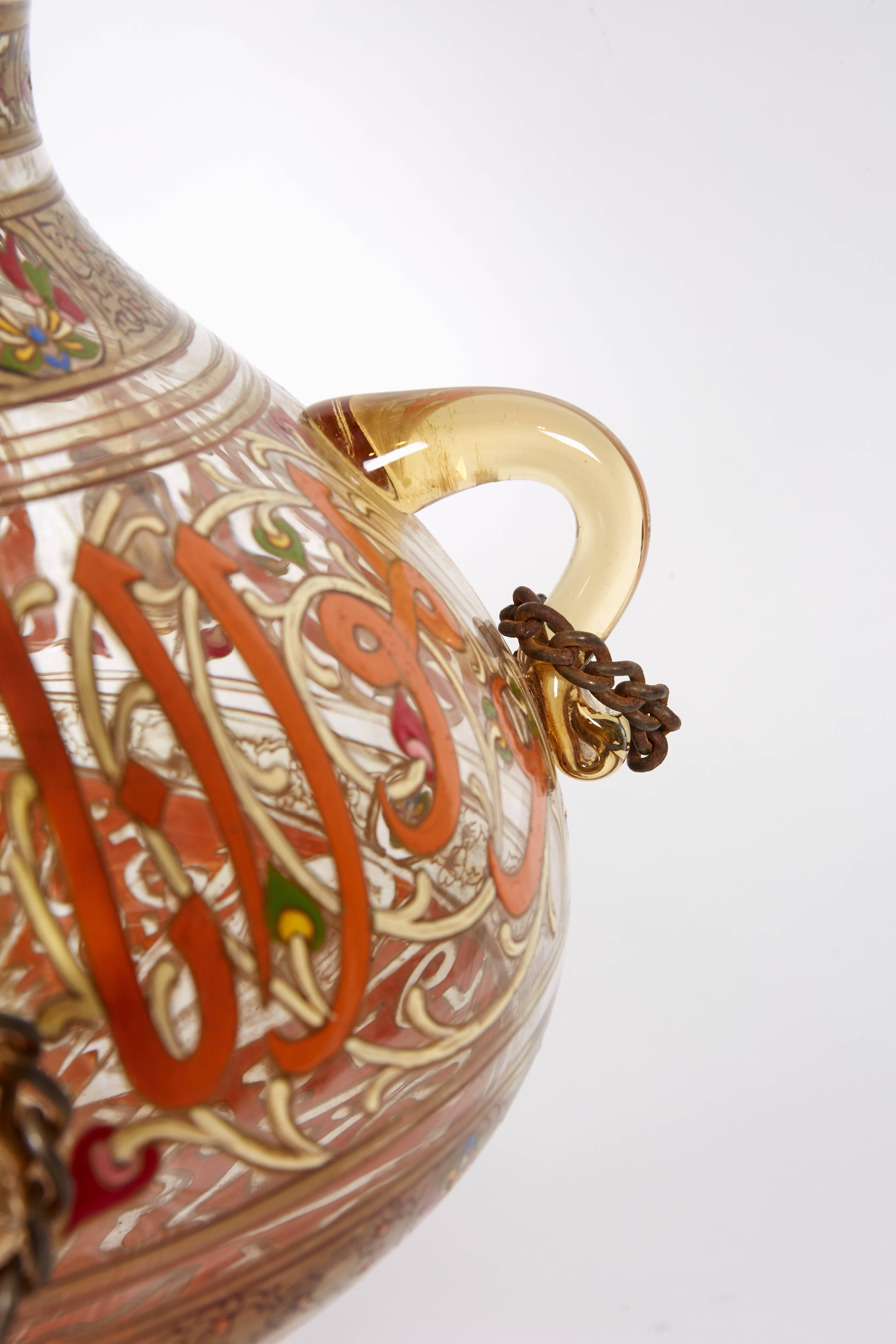 Islamic Rare French Enameled Mamluk Revival Glass Mosque Lamp by Philippe Joseph Brocard For Sale