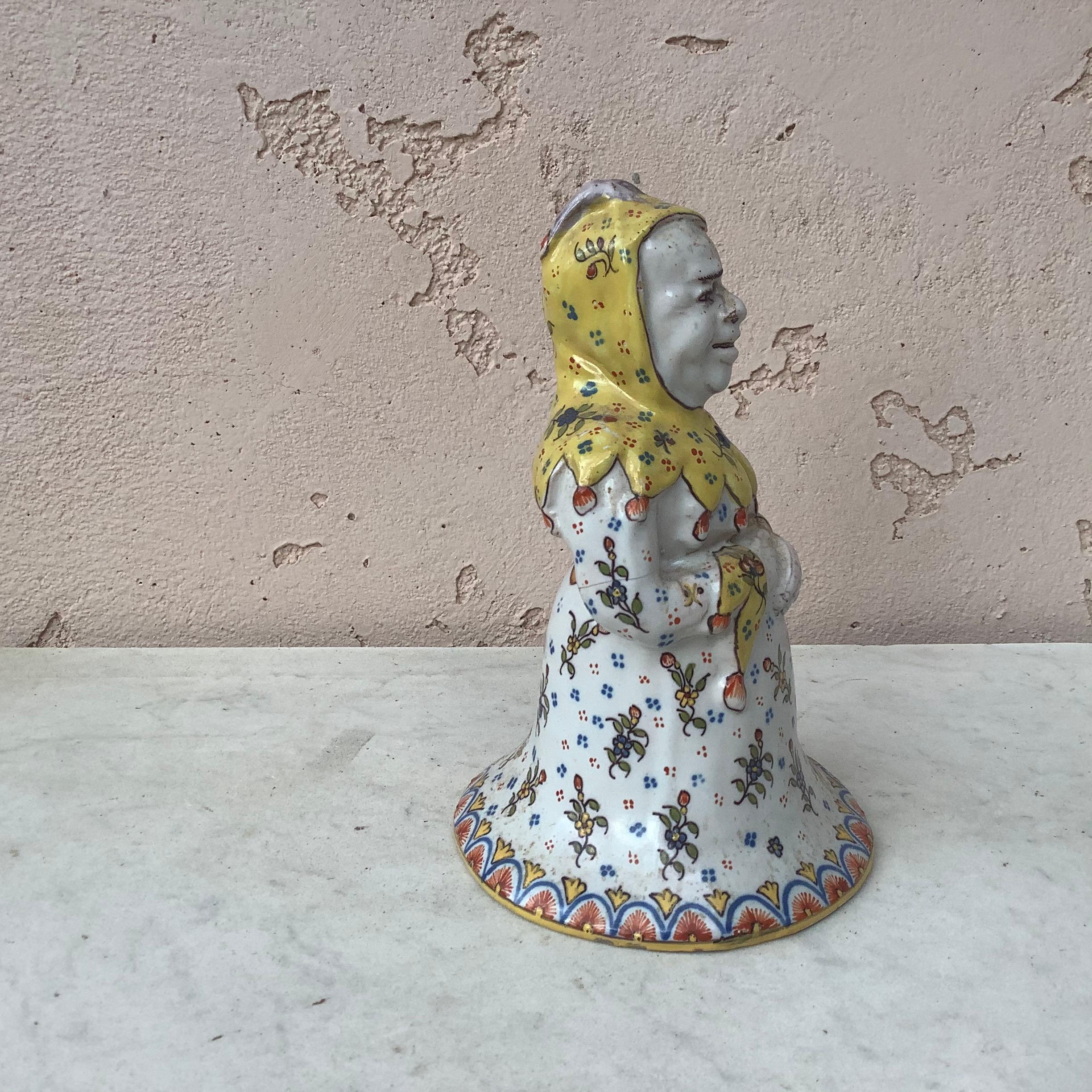 Rare French large Faience Jester bell signed Fourmaintraux Desvres, circa 1890.