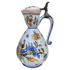 Rare French Faience Pitcher with Lid Rouen Style, Circa 1900