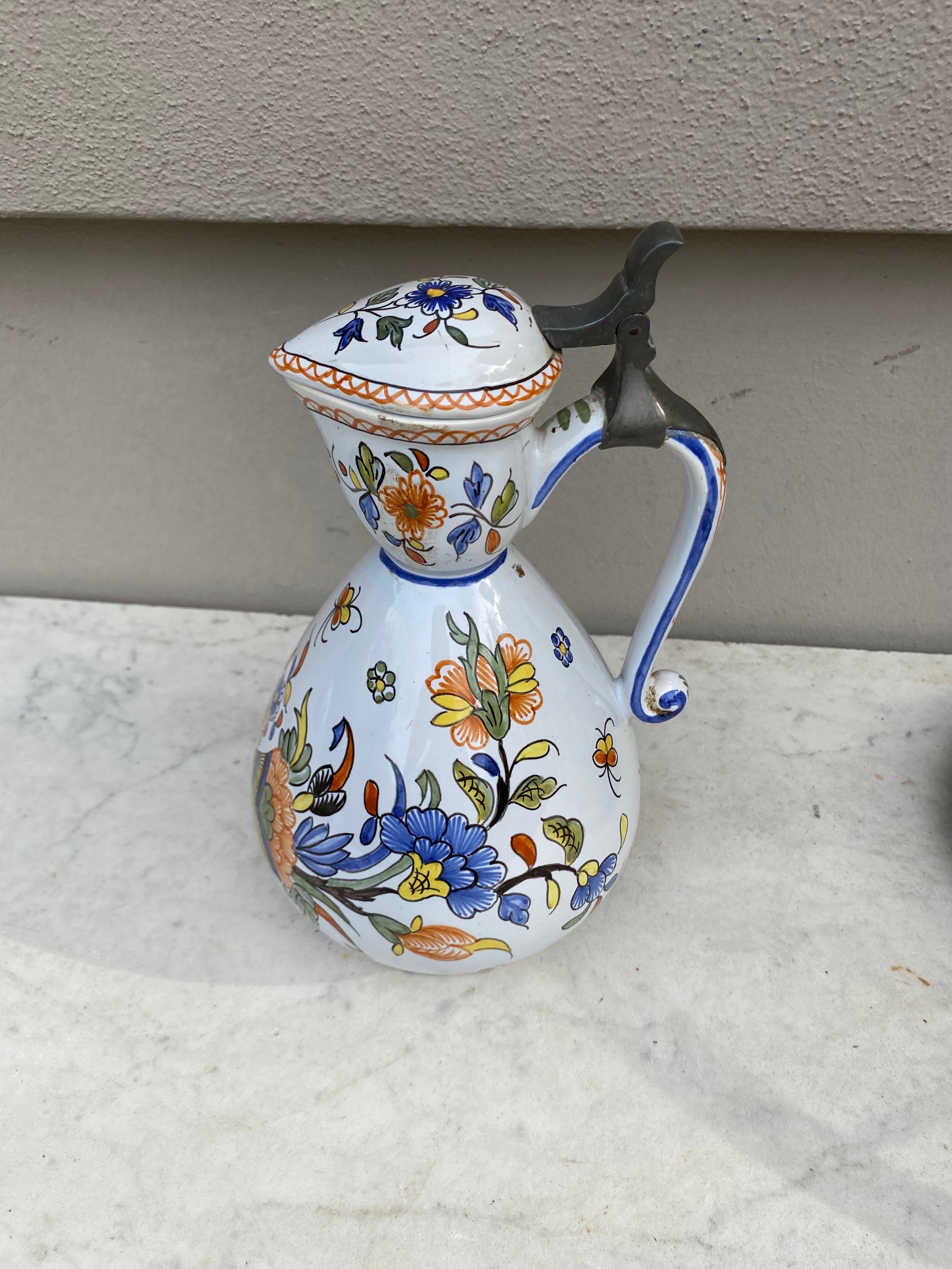 French Provincial Rare French Faience Pitcher with Lid Rouen Style, Circa 1900 For Sale