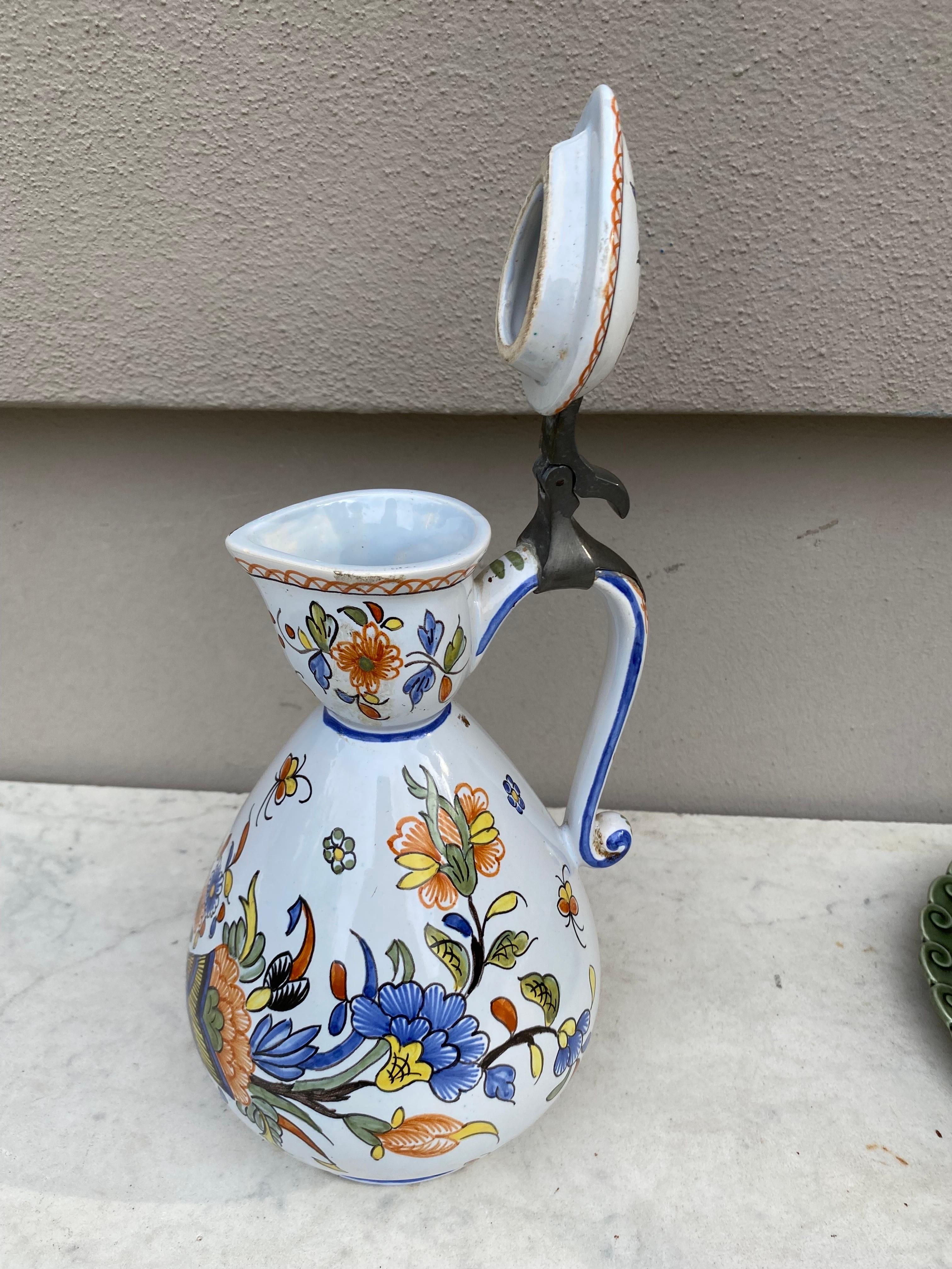 Rare French Faience Pitcher with Lid Rouen Style, Circa 1900 In Good Condition For Sale In Austin, TX