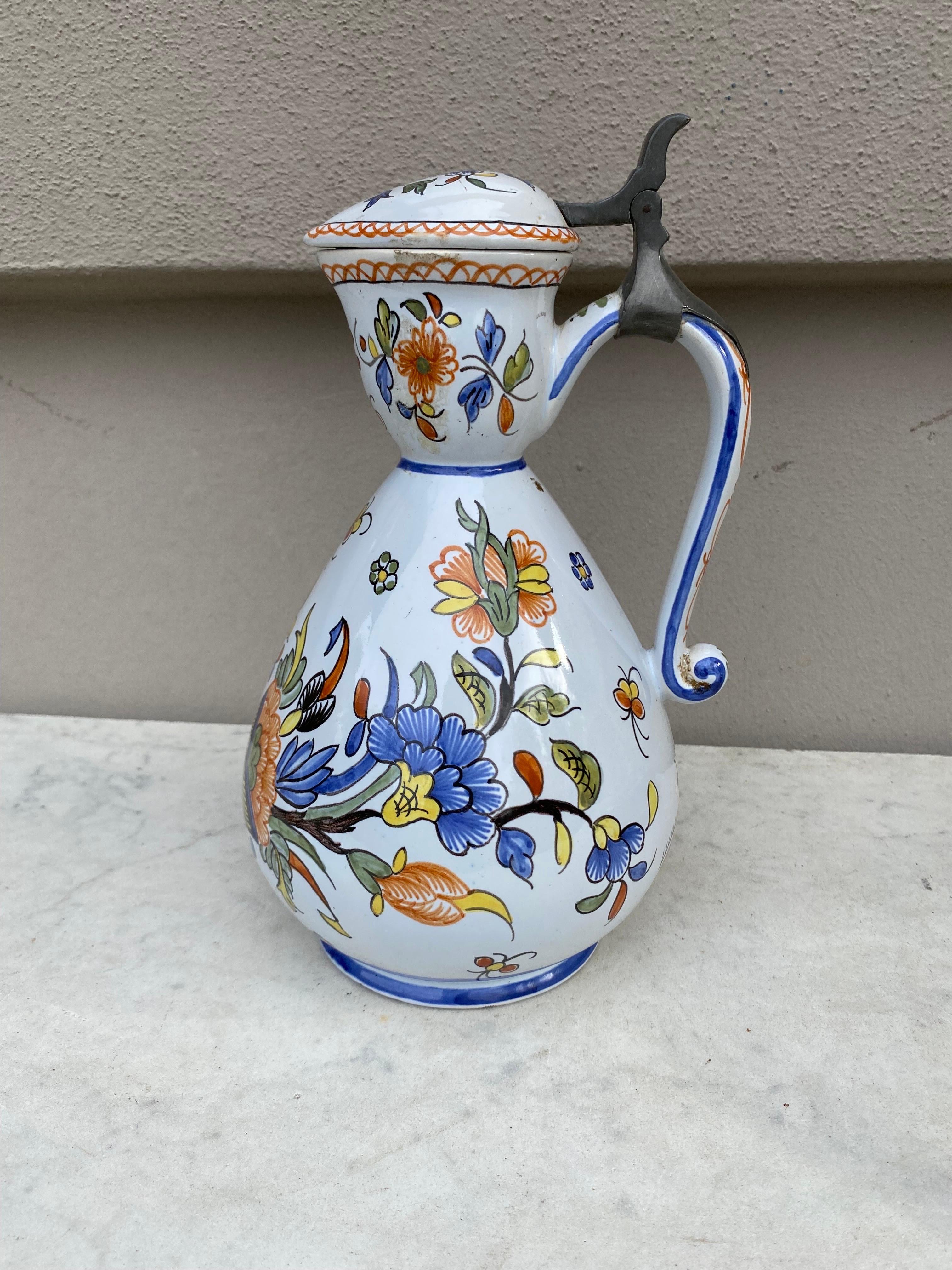 Early 20th Century Rare French Faience Pitcher with Lid Rouen Style, Circa 1900 For Sale
