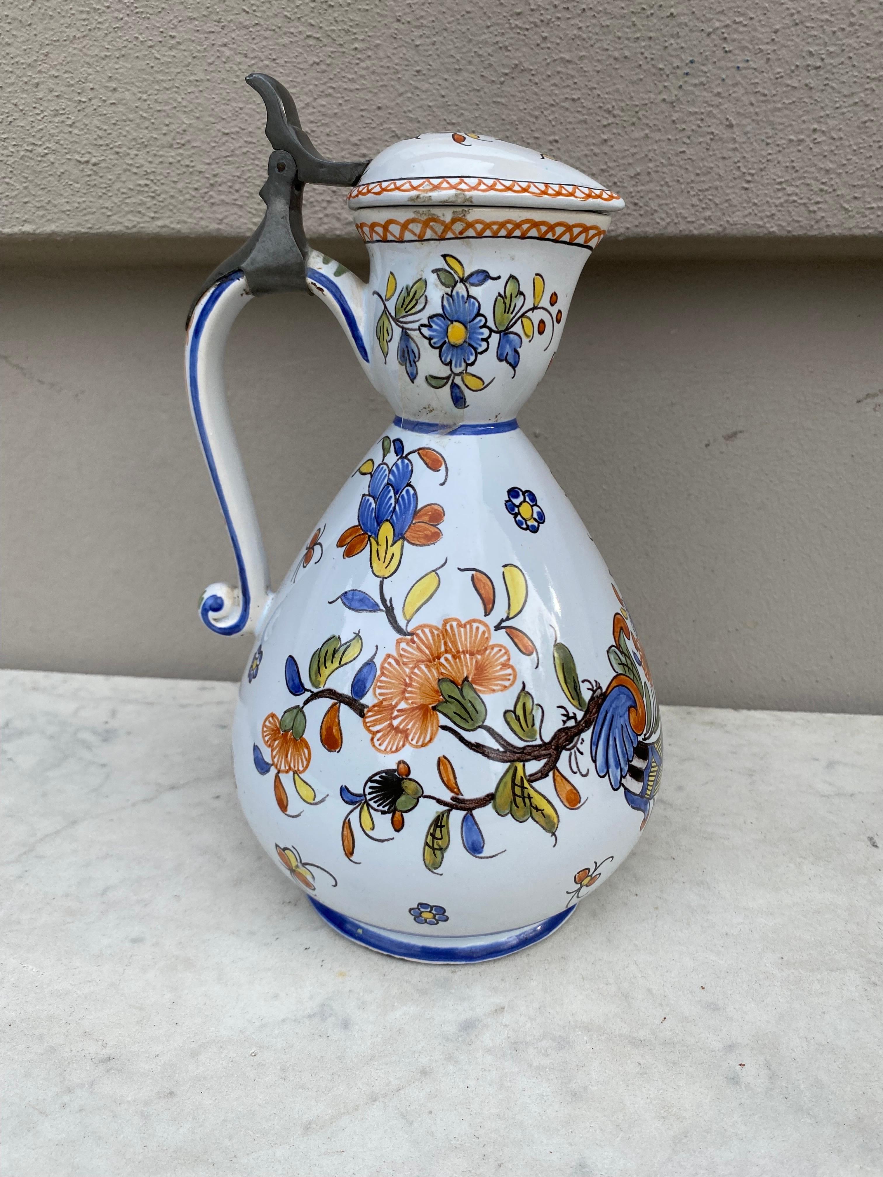Rare French Faience Pitcher with Lid Rouen Style, Circa 1900 For Sale 1