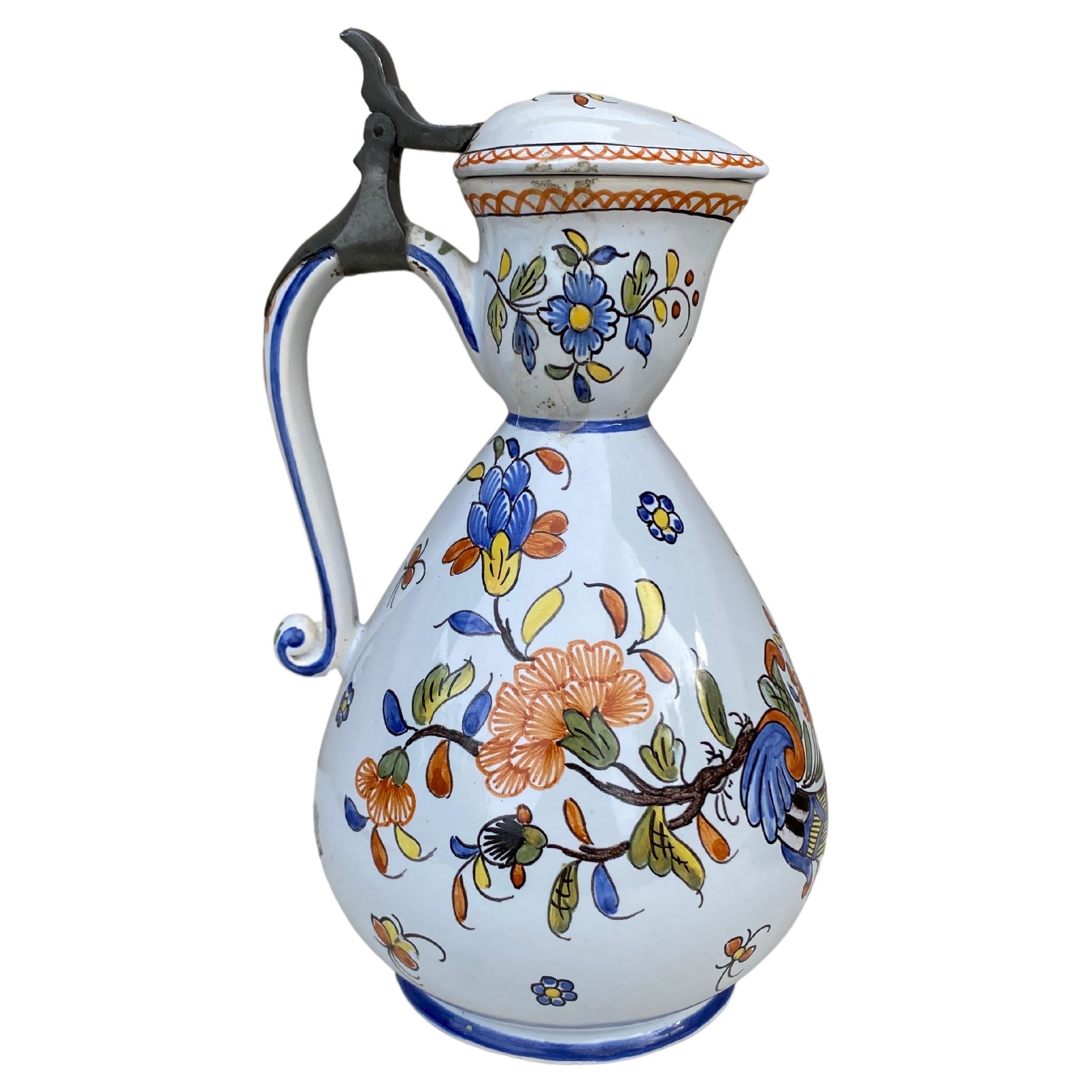 Rare French Faience Pitcher with Lid Rouen Style, Circa 1900