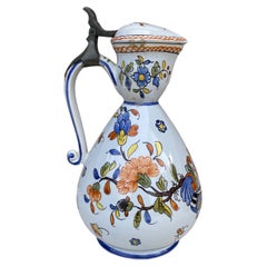 Antique Rare French Faience Pitcher with Lid Rouen Style, Circa 1900