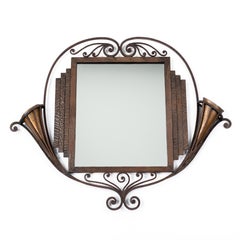 Rare French Forgend Iron Art Deco Mirror with Vases by Charles Piguet 1920s