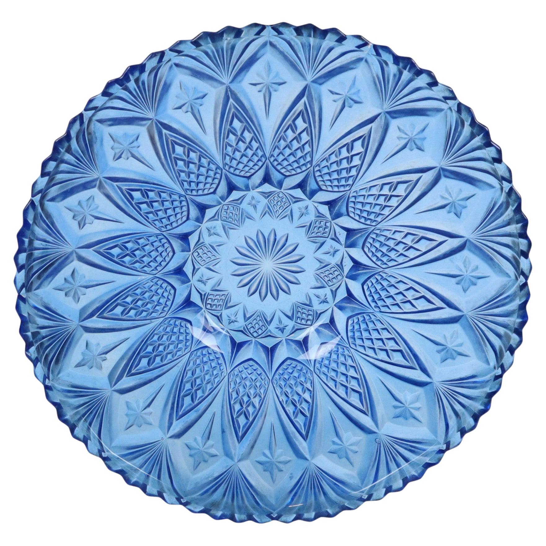 Rare French Fruit Bowl Blue Pressed Glass 33cm For Sale