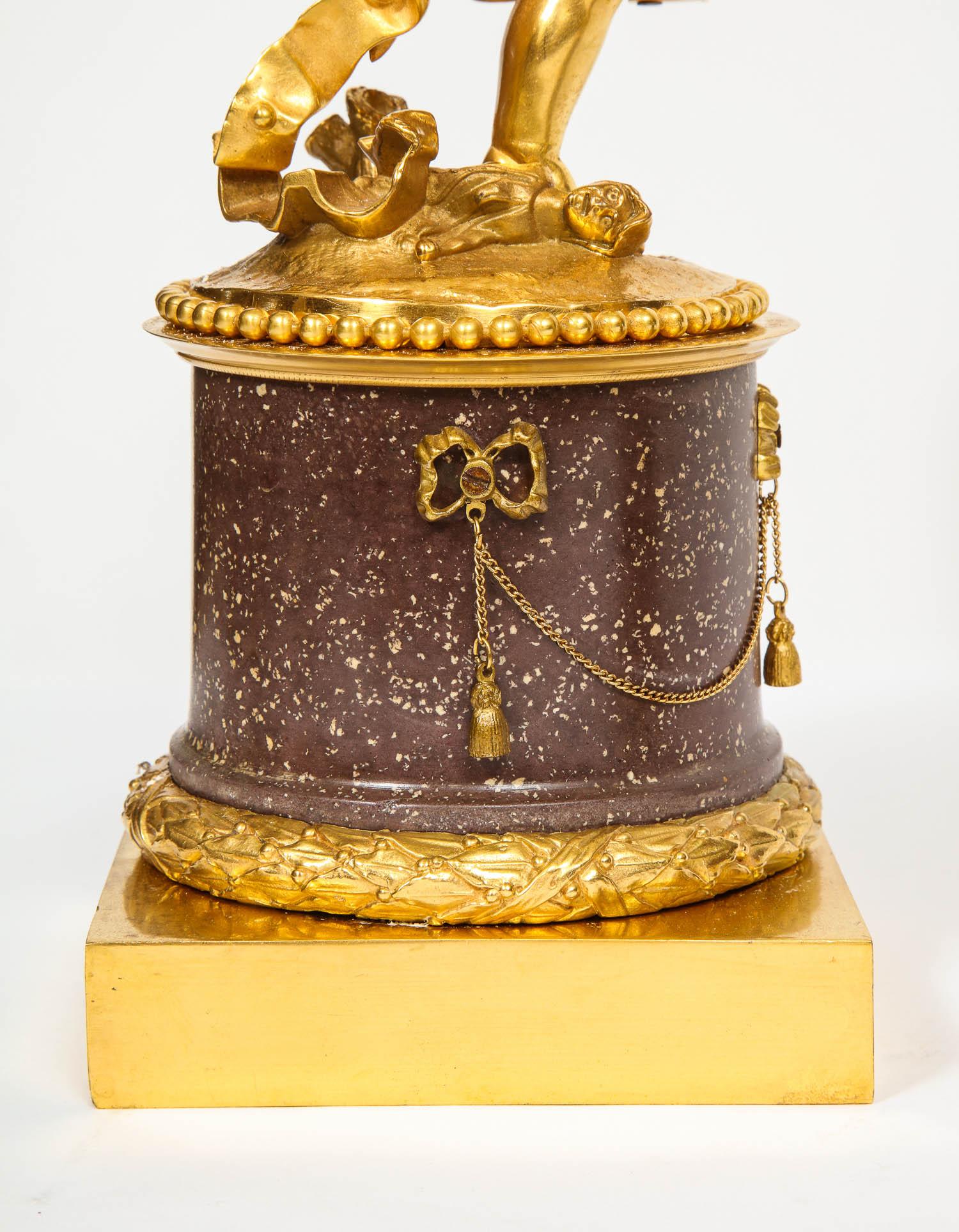 Rare French Gilt-Bronze Ormolu and Porphyry Three-Piece Clock Set, circa 1880 7