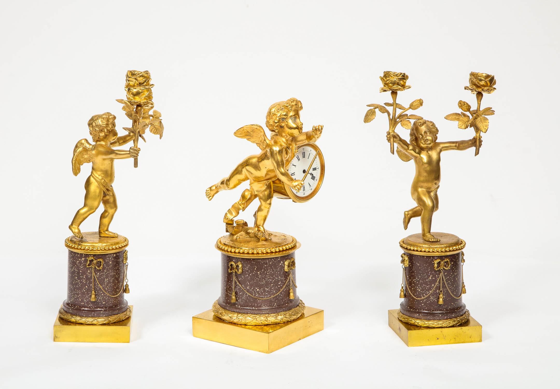 Rare French Gilt-Bronze Ormolu and Porphyry Three-Piece Clock Set, circa 1880 2