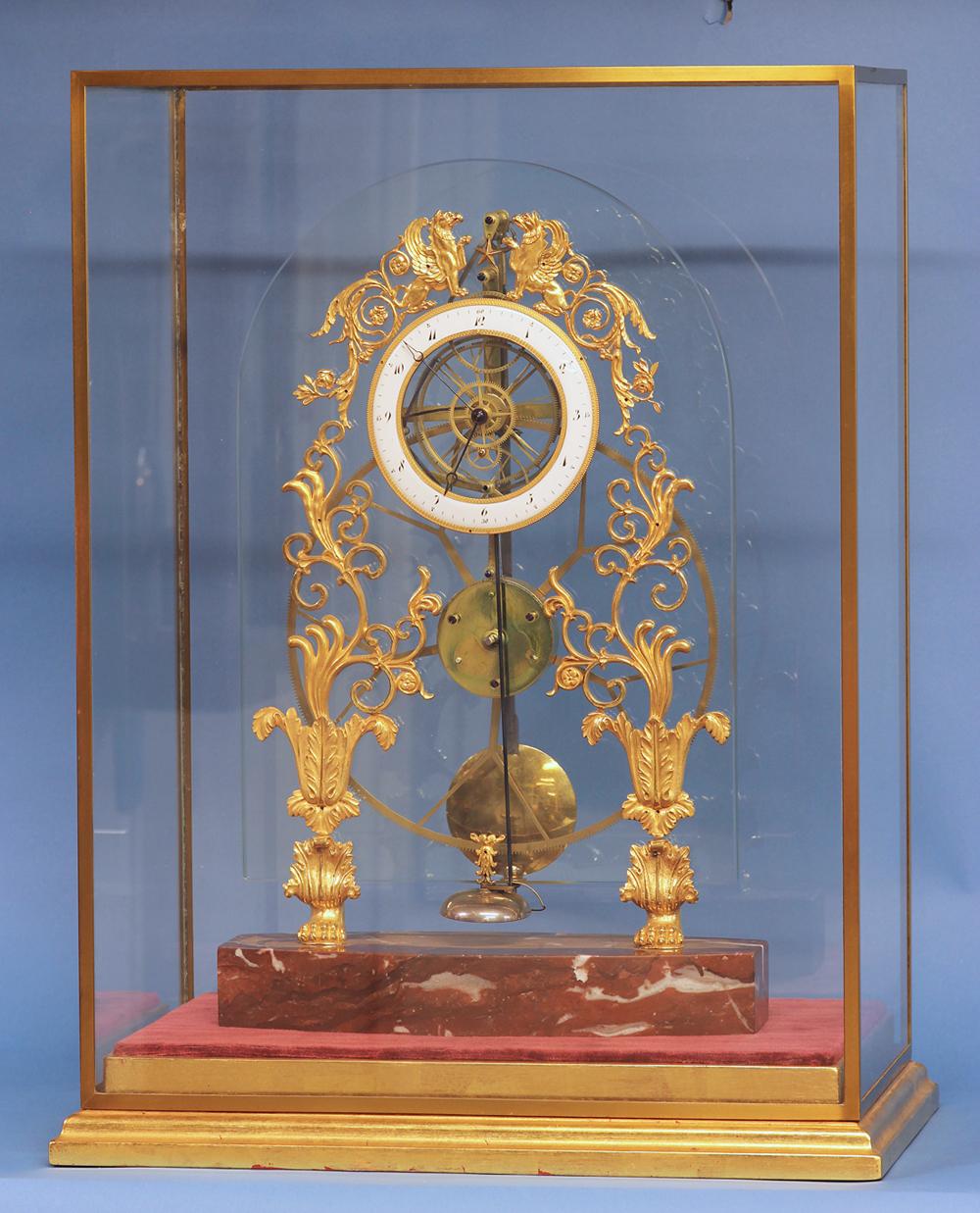 Rare French Glass-Plate Skeleton Clock with Remontoire Strike 1