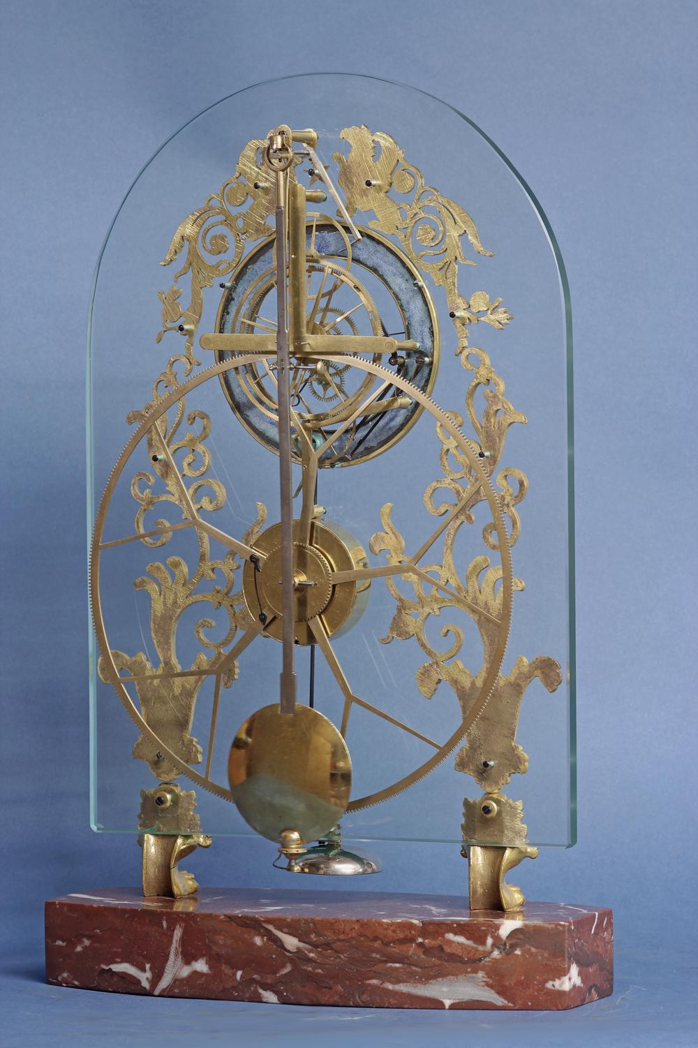 Rare French Glass-Plate Skeleton Clock with Remontoire Strike 4