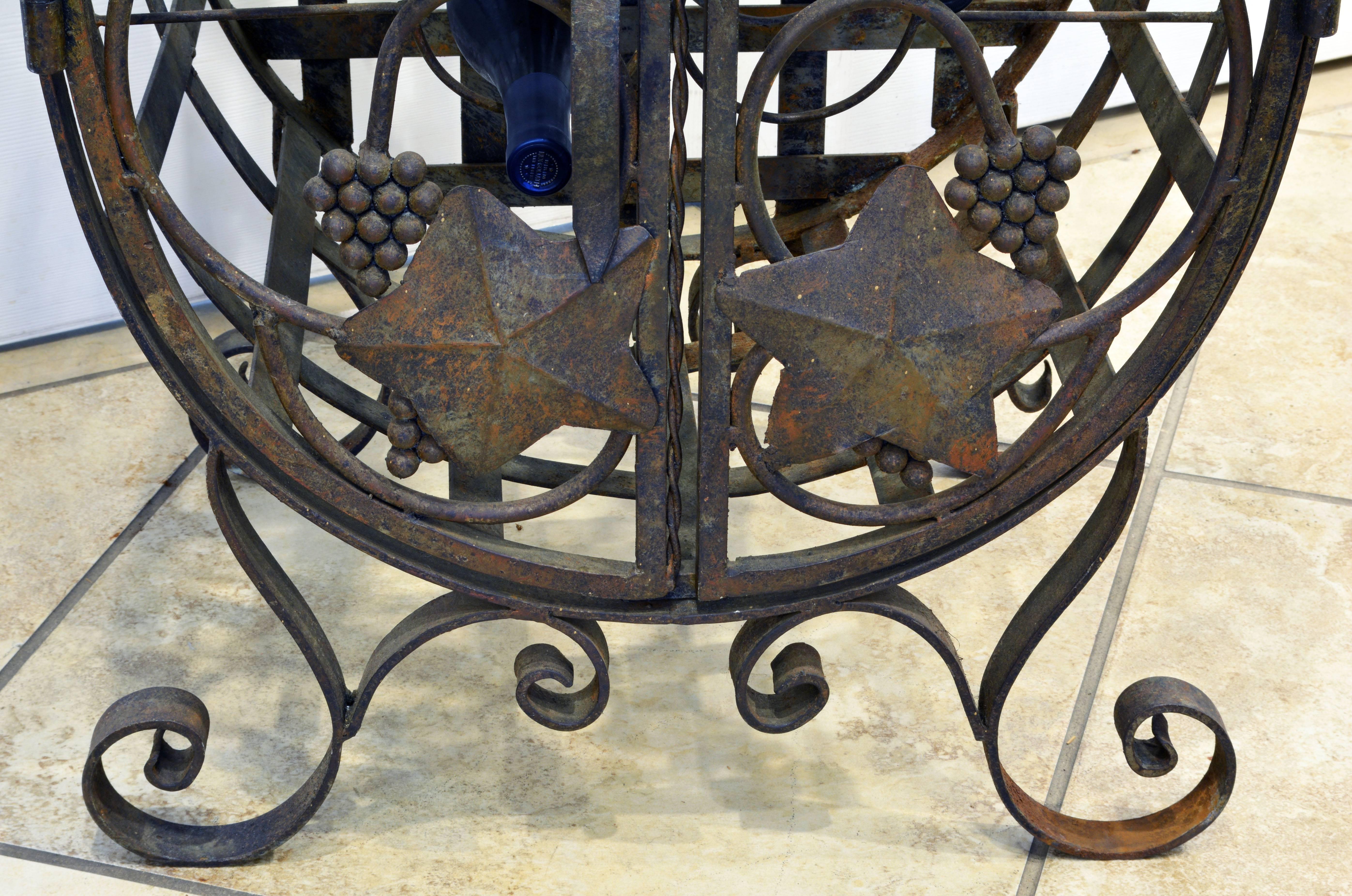 French Provincial Rare French Grape Vine Themed Wrought Iron Barrel Shape Wine Jail or Cage